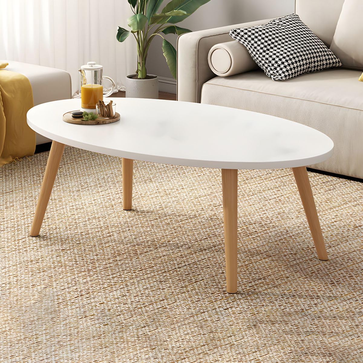Owalny stolik kawowy z półką do salonu i balkonu, nowoczesny design z drewnianymi nogami