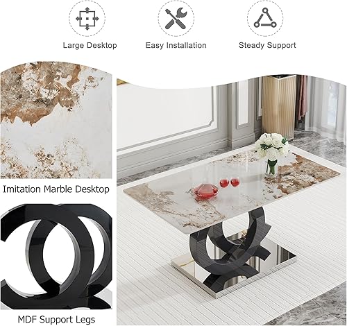 Miniatura 4 de Juego de mesa de comedor de 63'' para 6, juego de mesa y sillas de comedor de 6, mesa de mármol blanco sintético con patas de MDF y 6 sillas 2-Mesa