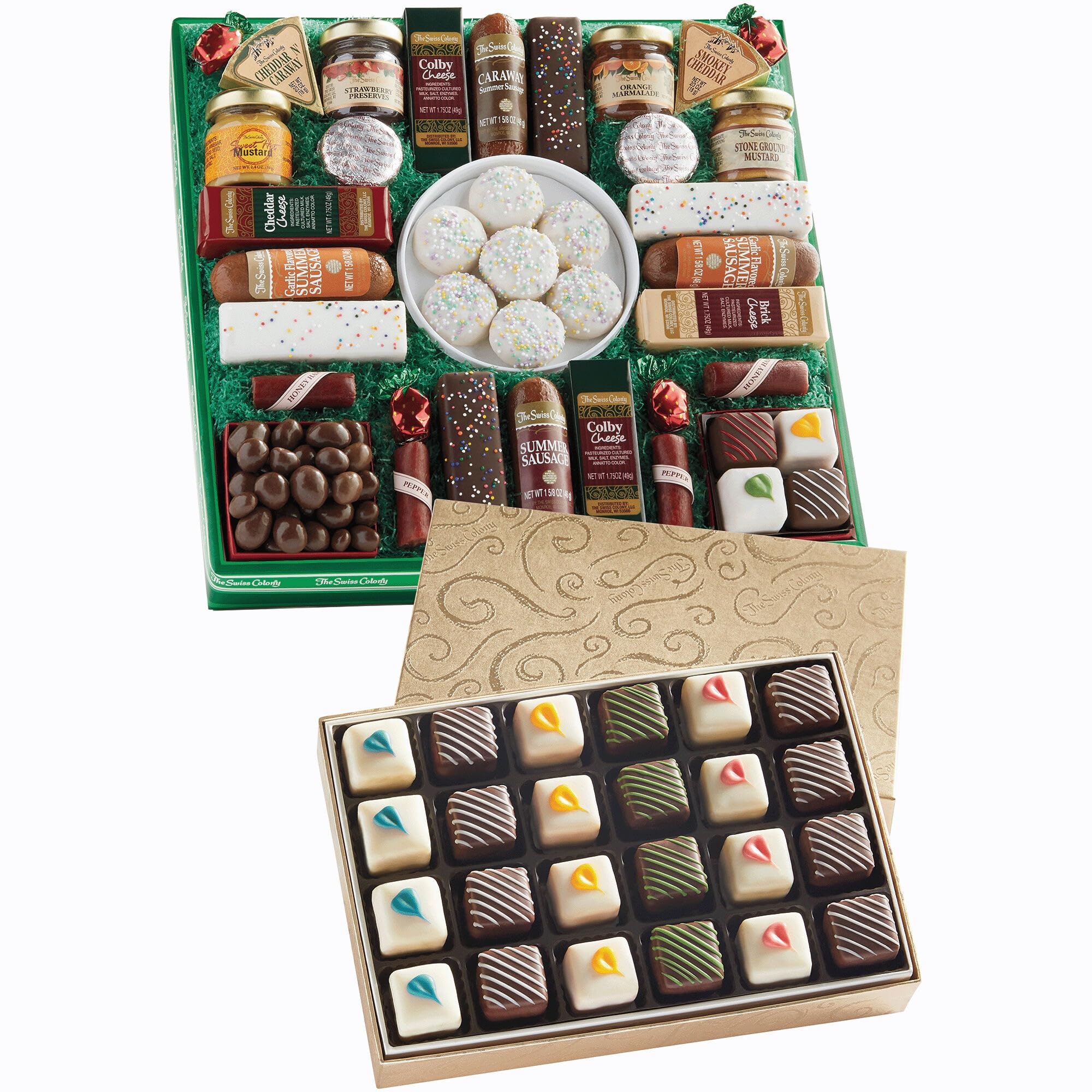 The Swiss Colony 27 Favorites Food Gift Set, Summer Sausage Meats and Cheeses, Assorted Chocolates, Candies, Petits Fours, Cheese & Charcuterie Board Gifts Basket, Holiday, Christmas - Box: Green Spring w/ 24 Petits Fours