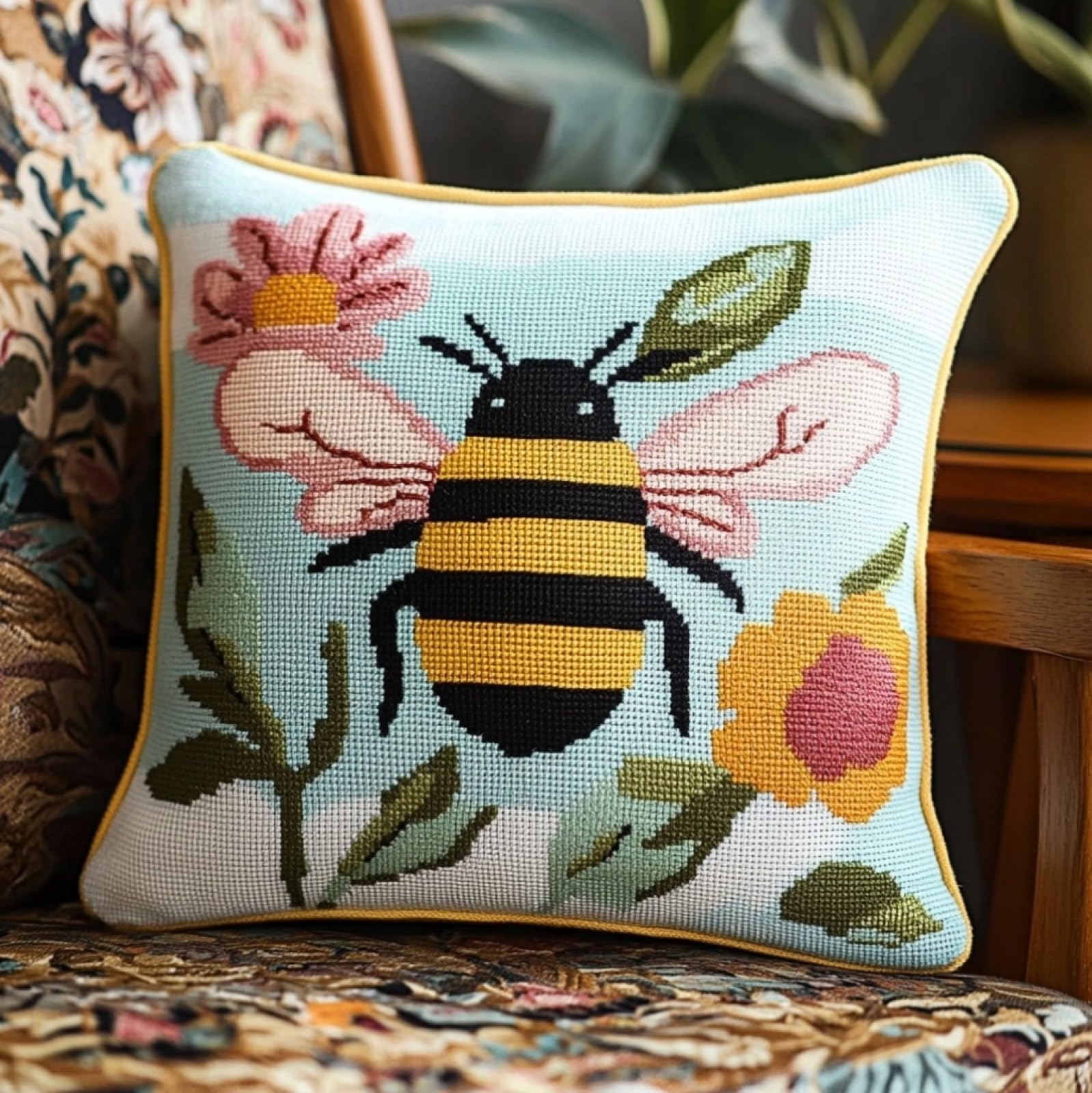 Kit Coussin à Broder Point de Croix Estampillé Fleurs Abeilles 45x45 - 8