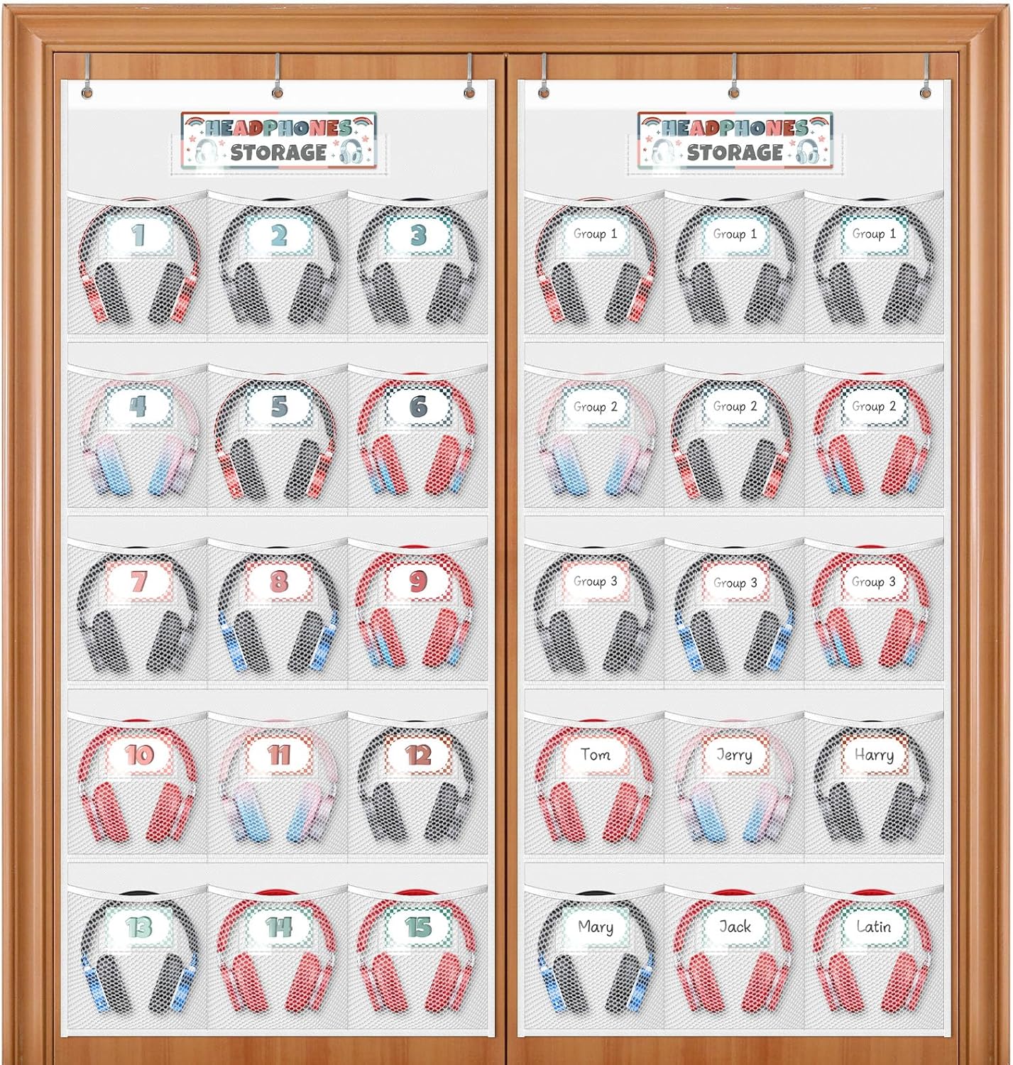 Headphone Hanger Storage 30 Headphone, Door Hanging Headphones Hook Organizer, Headset Holder with 122 Mark Cards & 6 Hooks for Classroom, Office, Family