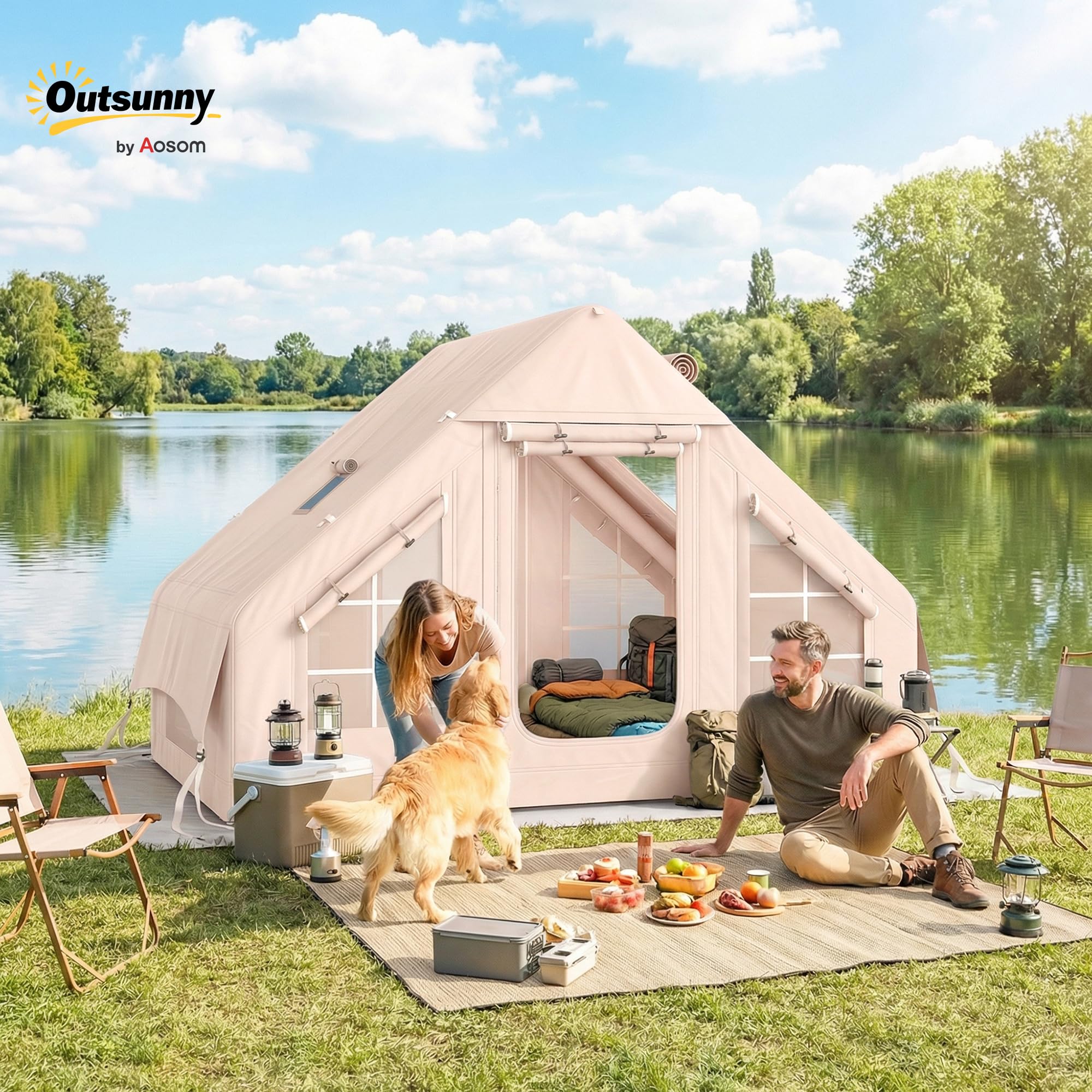 Outsunny Tienda de Campaña Inflable Glamping para 5–8 Personas con Apertura de Chimenea y Claraboya Bomba UPF30+ Bolsa para 4 Estaciones Instantáneo Resistente al Viento Tela Oxford Impermeable 5000+