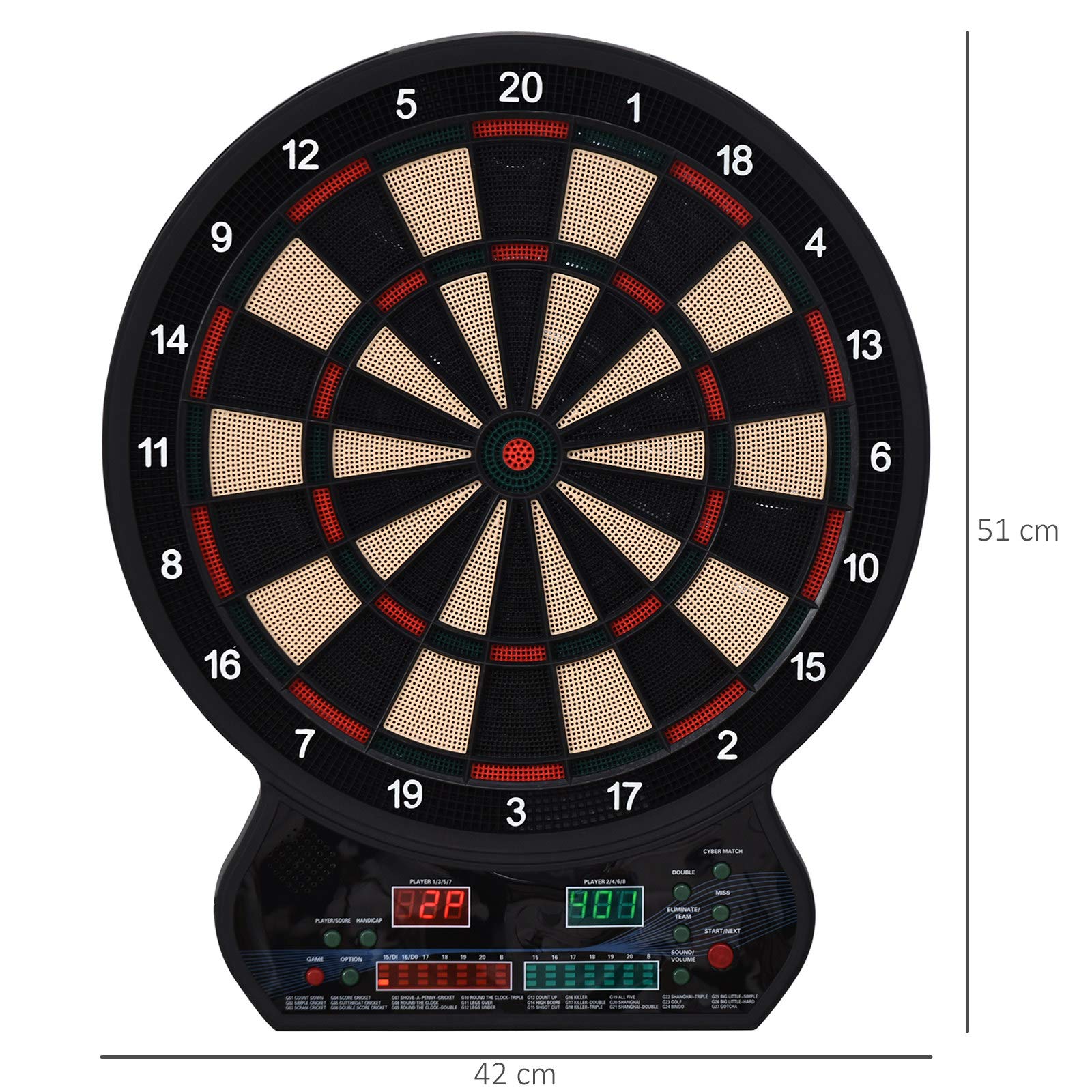 HOMCOM Cible Jeu de fléchettes électronique 27 Jeux et 202 Variations, jusqu'à 8 Joueurs, Affichage LED, Jeu de fléchettes avec 12 fléchettes Pointes Souples et 30 Pointes de Rechange Noir