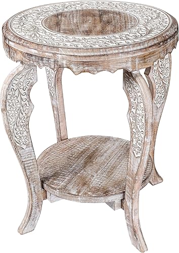 Vista 17 de Mesa auxiliar redonda, mesa auxiliar redonda, mesa decorativa de madera, mesa auxiliar pequeña, mesa auxiliar de madera tallada, mesa auxiliar, mesa