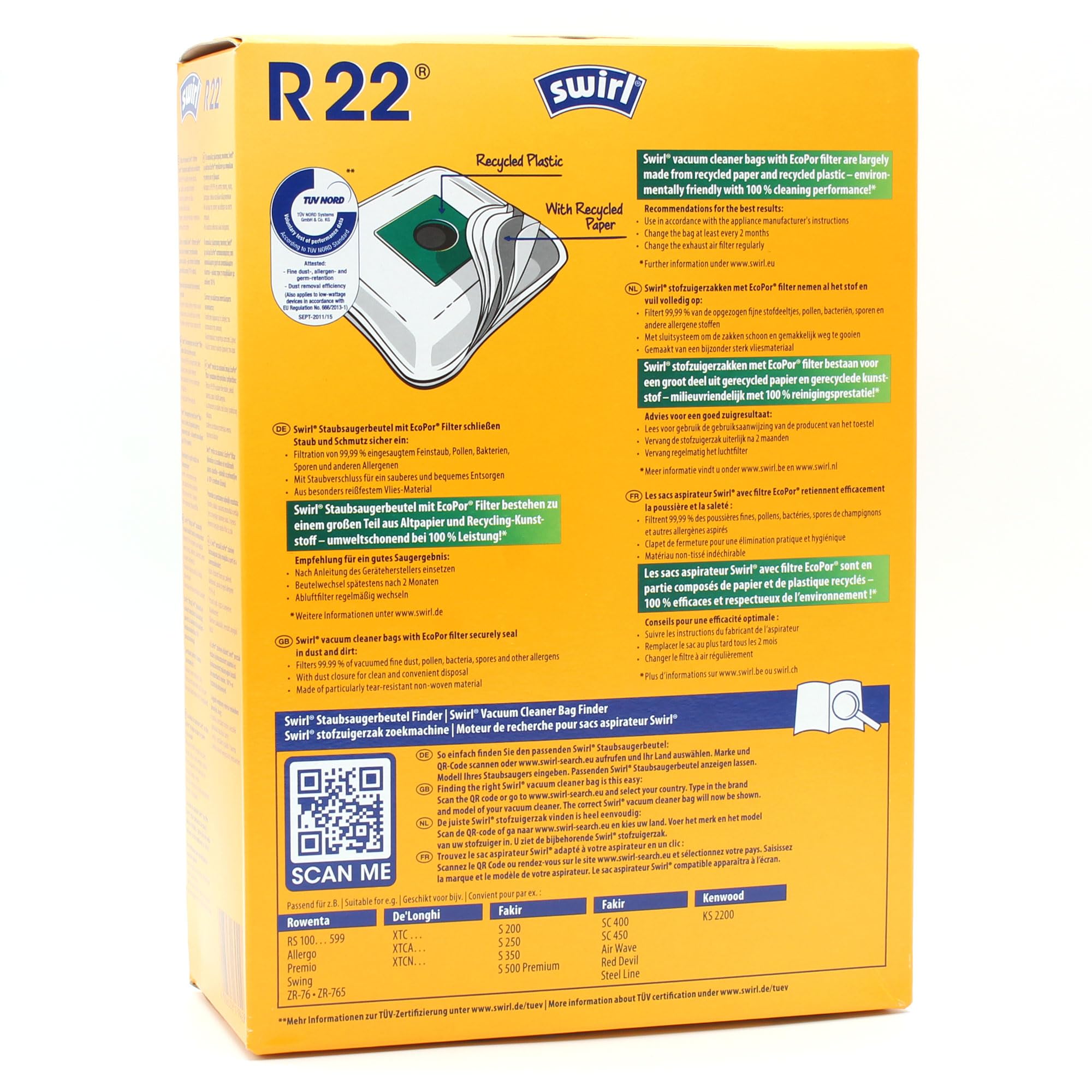 PakTrade 8 Sacs D'aspirateur + Billes Déodorantes Compatible avec Rowenta Allergo, Ambia Serie (End 08/01) | Compatible avec Swirl R22 - R 22 | 8 Sacs, Désodorisant, Accessoires, Pièces Détachées