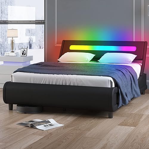 Miniatura 7 de ZAFLY Base de cama de plataforma moderna King marco de cama tamaño King con cabecera de PVC LED RGB control de luz LED por controlador soporte de