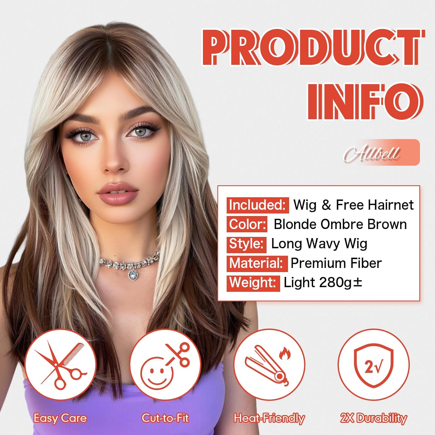 Allbell Long Straight Wigs for White Women Brown Highlight Mixed Blonde Gray Hair with Bangs - Image 4