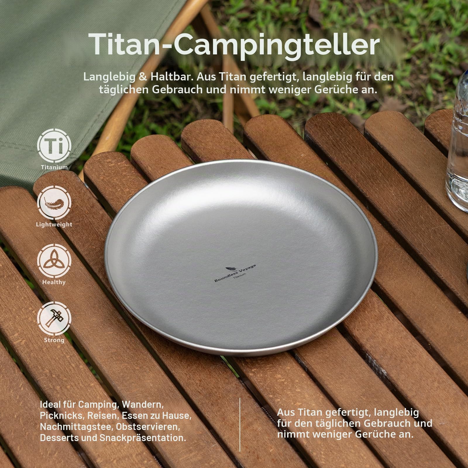 iBasingo Camping Titan Teller 18.5cm Servier Teller Party Ultraleichte Outdoor Picknick Metall Geschirr Langlebige Pfanne Kochgeschirr für Lebensmittel Fleisch Obst Sauce Dessert Ti1103T