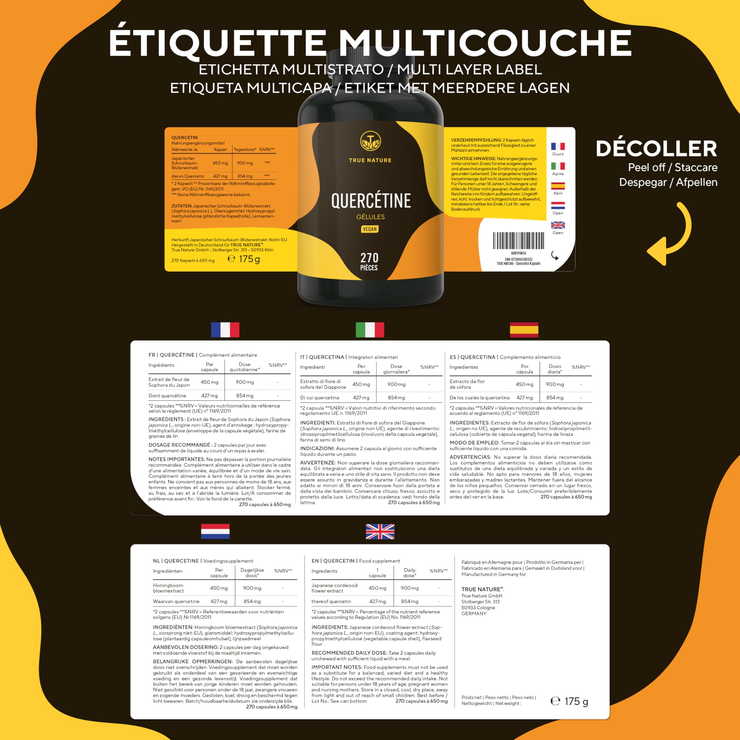Quercetine 900mg - Antioxydant, Anti-Inflammatoire & Anti-Allergique - 270 Gélules - Extrait de Fleur de Sophora du Japon - Vegan - SANS: Additifs, Gluten & Lactose - TRUE NATURE