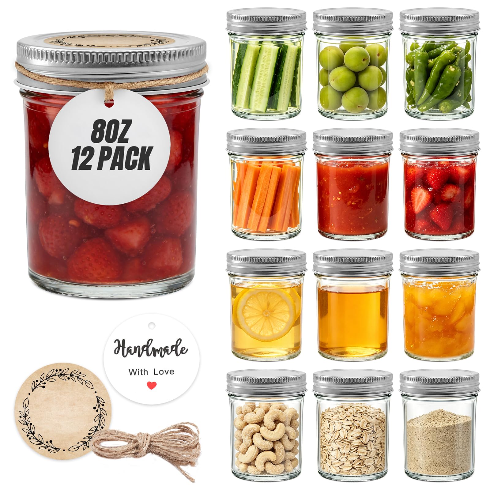 PureRoot 12 Pack 8 oz Small Mason Jars with Lids, Wide Mouth Glass Jam Jars