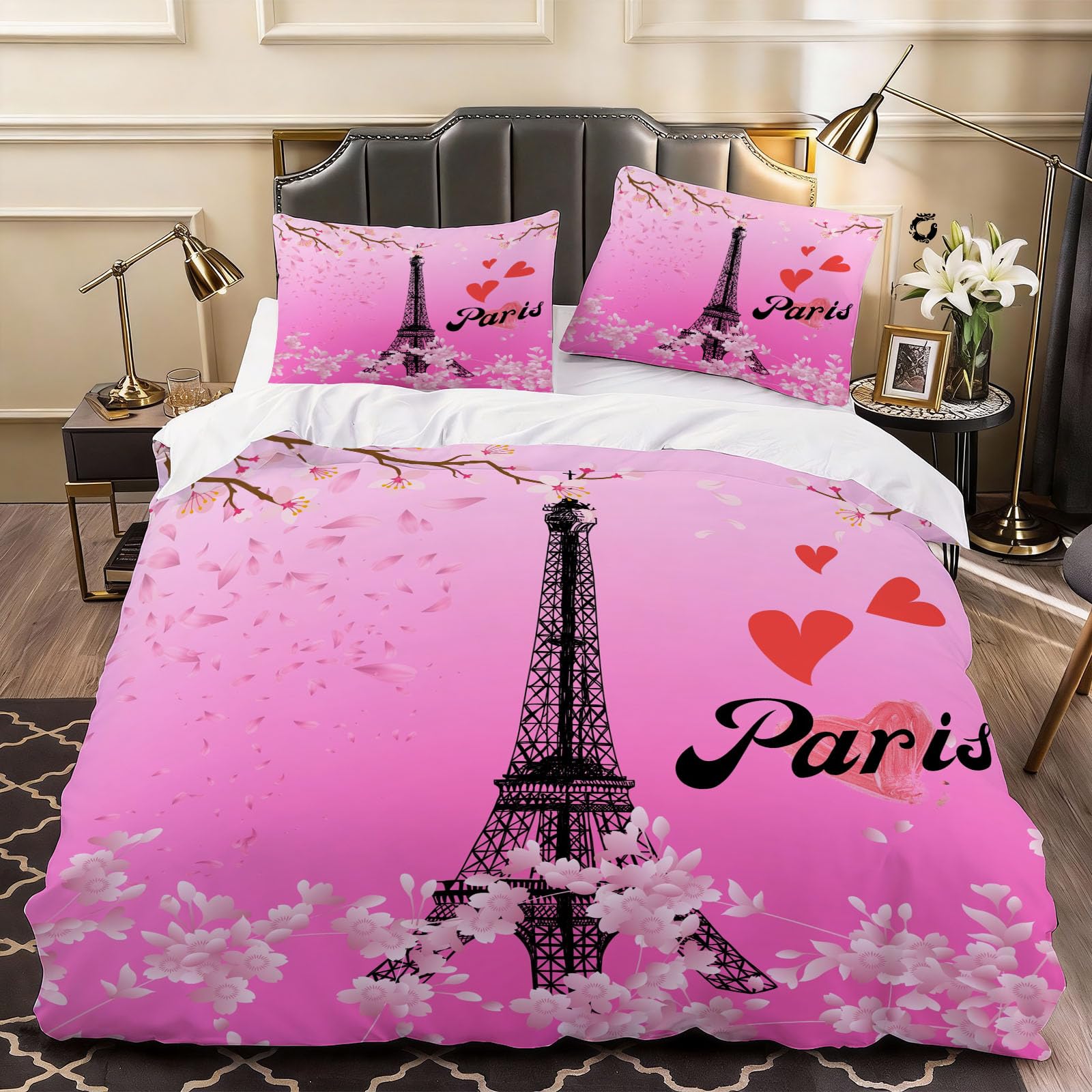 3D Paris Eiffel Tower Themed Duvet Cover Romantic Love Bedding Bed Set king Size, Soft Microfiber Comforter Cover Printed with Zipper Closure Quilt Coverr 230x220 cm and 2 Pillowcases