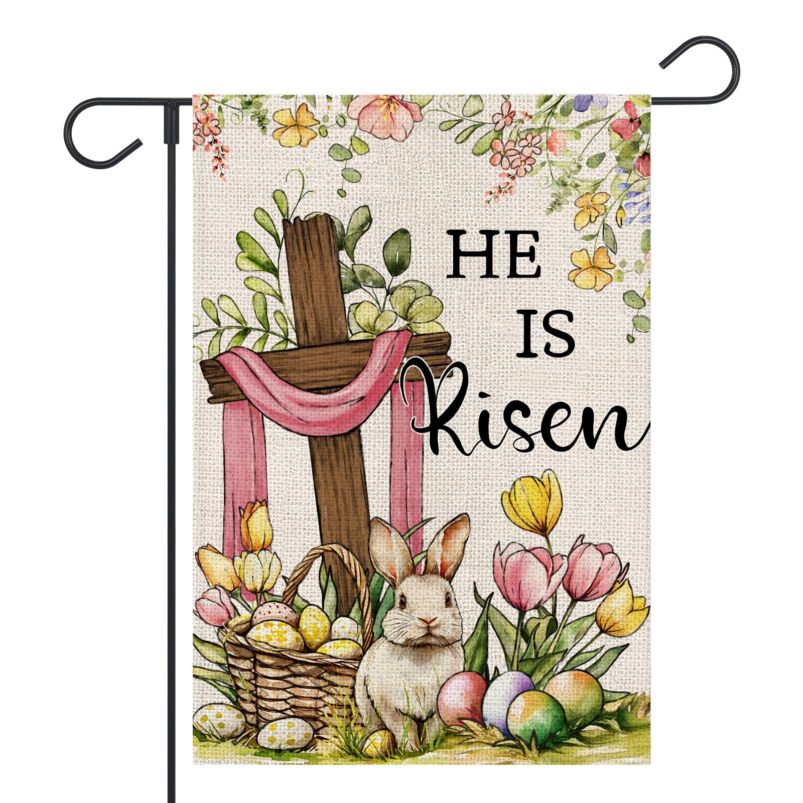 FUYUCHEN He Is Risen Easter Garden Flag 12x18 Inch Double Sided Outside Tulip Easter Eggs Bunny Cross Flowers Yard Holiday Outdoor Decoration