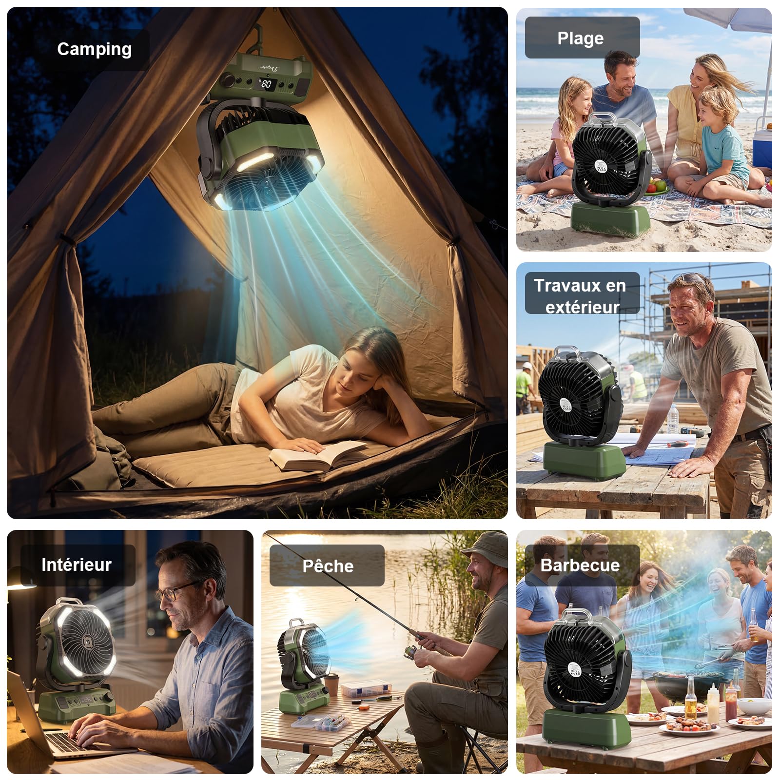 Ventilateur Camping Silencieux avec Lumière, Ventilateur Sans Fil Portable, Mist Fan Batterie Rechargeable 20000mAh avec Rotation et Minuterie, Crochet de Suspension pour Car Extérieur Bureau - Vert
