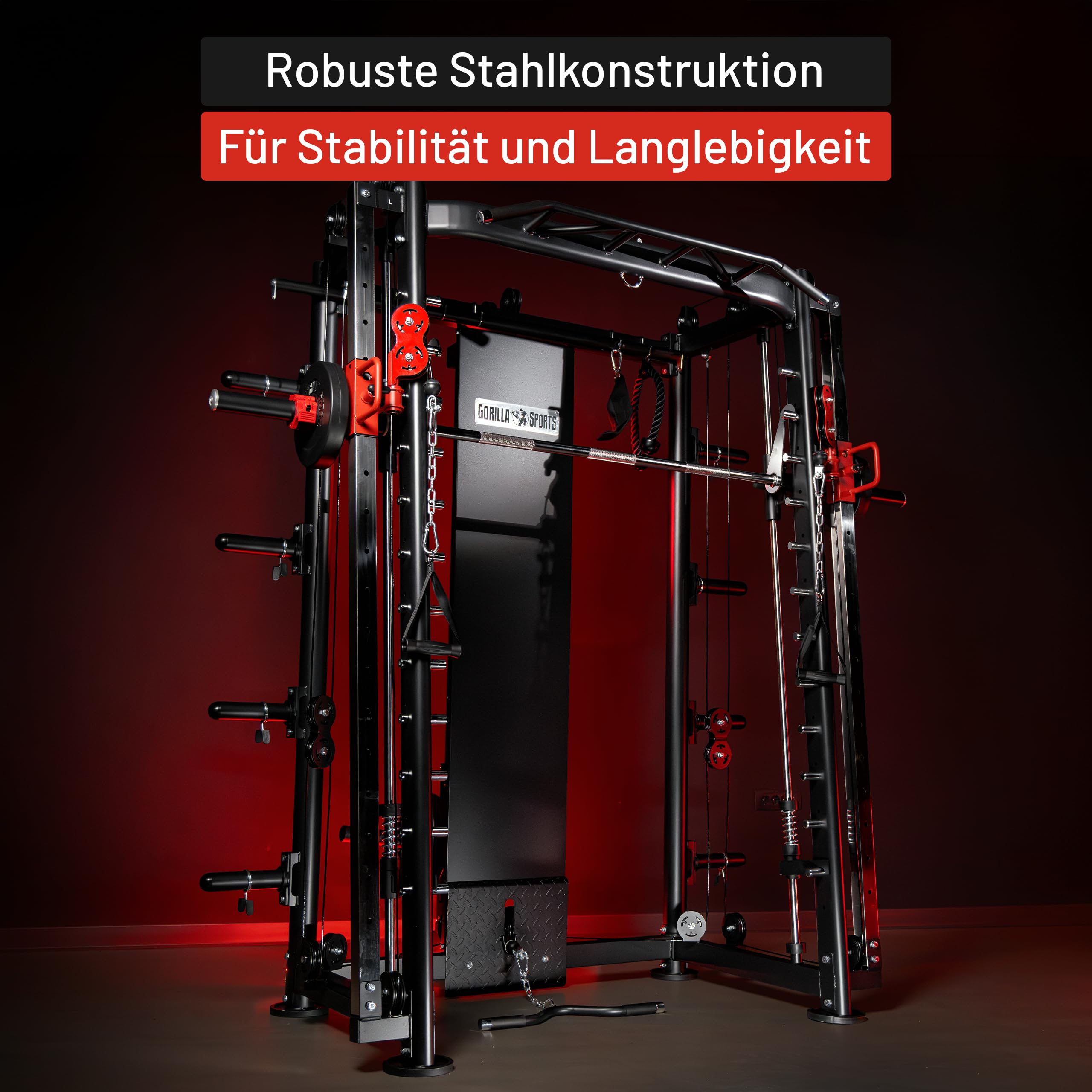 GORILLA SPORTS® Smith Maschine - mit Klimmzug, Rudern, Dip Station, Bizeps/Trizepsgriff, Langhantel und Hantelscheiben Aufnahme, Verstellbar, Stahl - Multipresse, Power Rack, Kraftstation, Power Cage