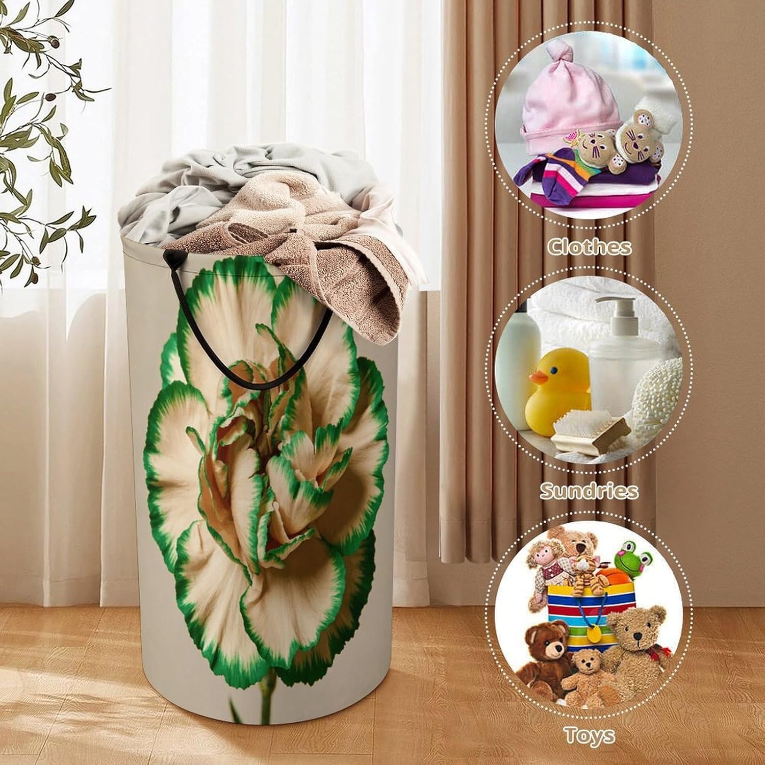 Green Edge Beige Laundry Hamper Portable Lightweight Clothes Hampers Fashion Dirty Laundry Storage Basket Large Capacity Foldable Clothes Baskets for Bathroom Bedroom