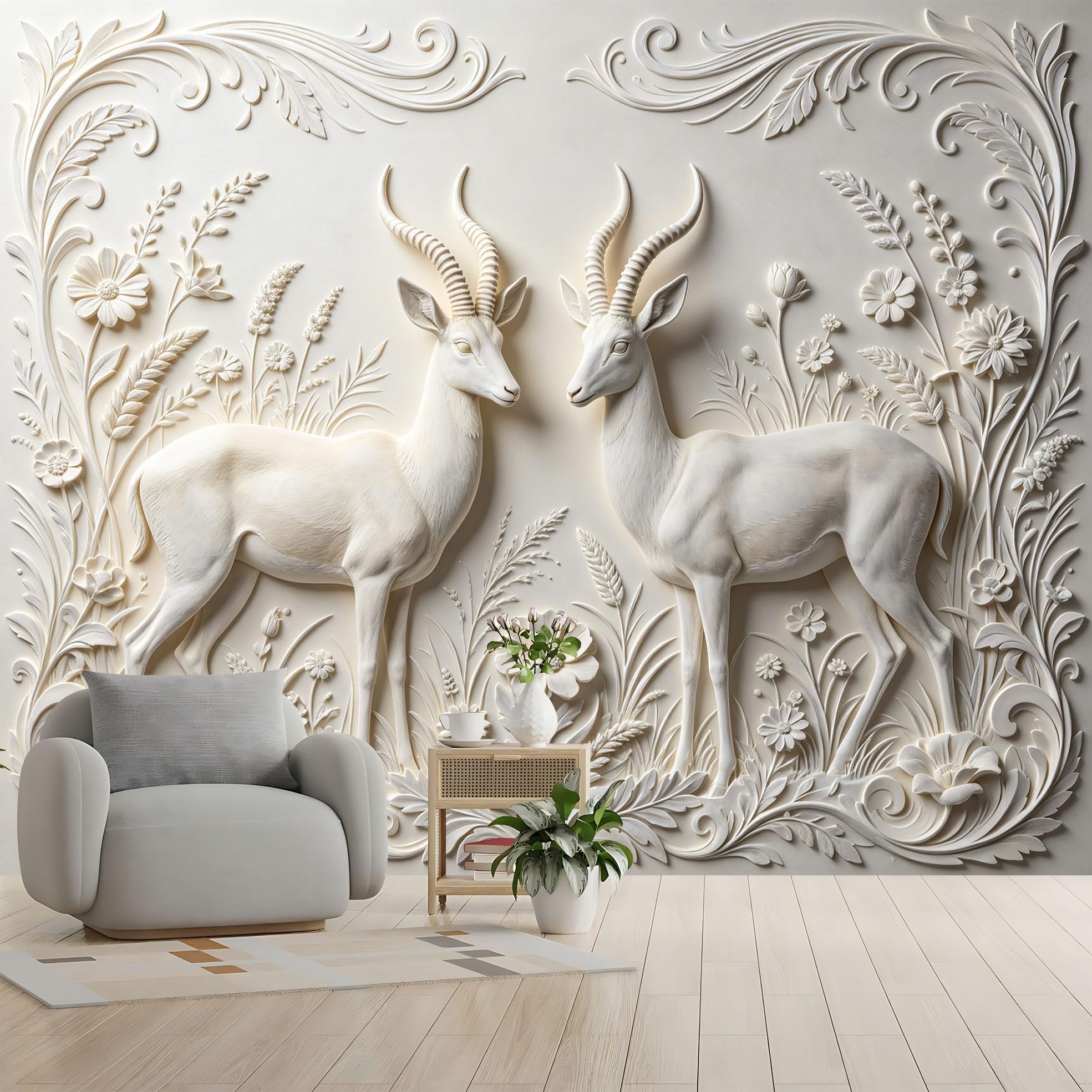 Elegancki jeleń para kwiatowy mural ścienny romantyczny las jeleń kwiat włókniny tapeta luksusowa neoklasyczna botaniczna kwiatowa fototapeta 500 x 280 cm kremowa biel cecha ściana do salonu sypialni