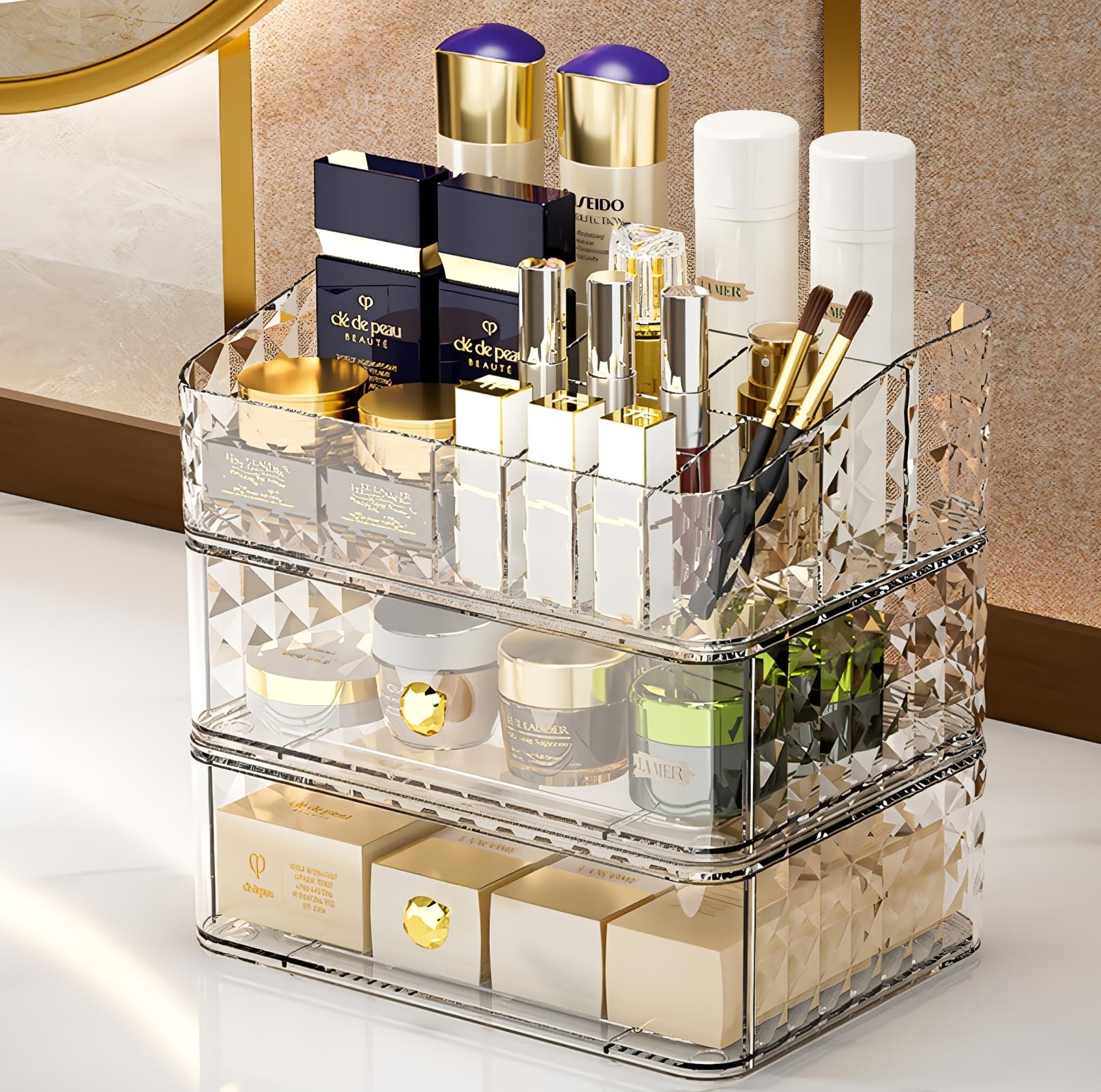 Makeup Organizer for Vanity, Large Desk Organizer with Stackable Drawers for Cosmetics, Skincare, Lipsticks, Palette, Nail Care, Ideal Storage for Dresser and Bathroom Countertop. Clear