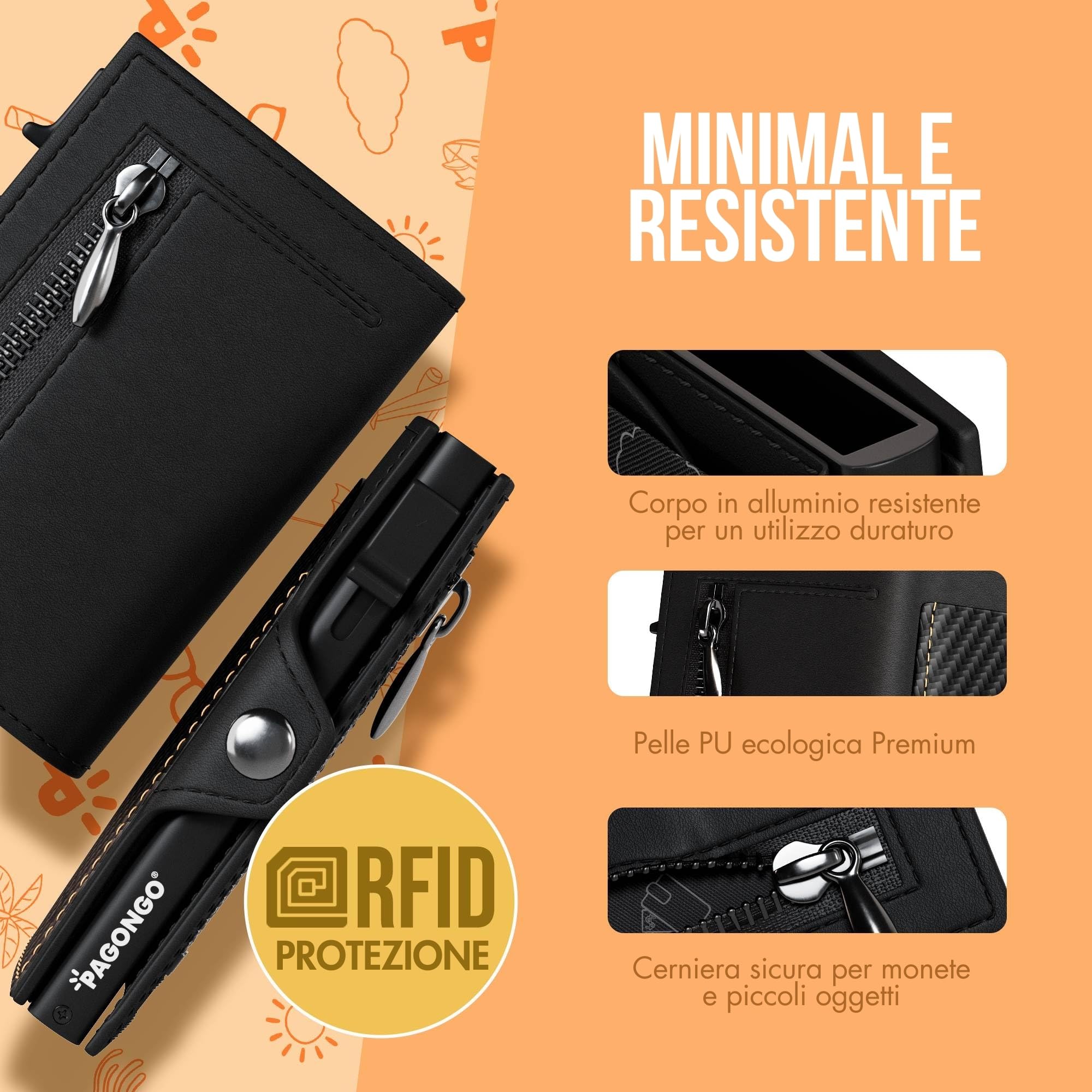 PAGO-POP Portafoglio Uomo Slim | Portacarte Tascabile, Porta Tessere Piccolo, Wallet in Nero carbonio
