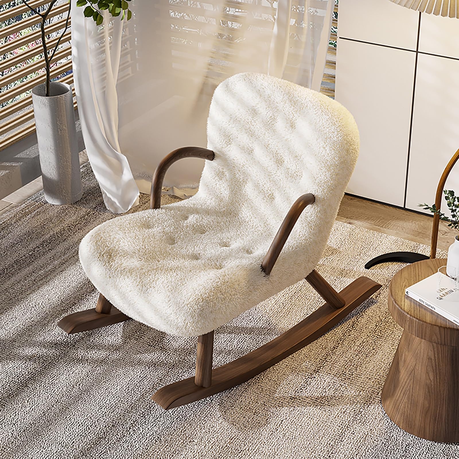 Modern Accent Rocking Chair with Double Pull-Point Backrest, Nursery Rocking Chair Indoor with Solid Wood Chair Feet, Nursery Recliner with Curved Armrests for Bedroom, Living Room, Porch, Garden(Brow