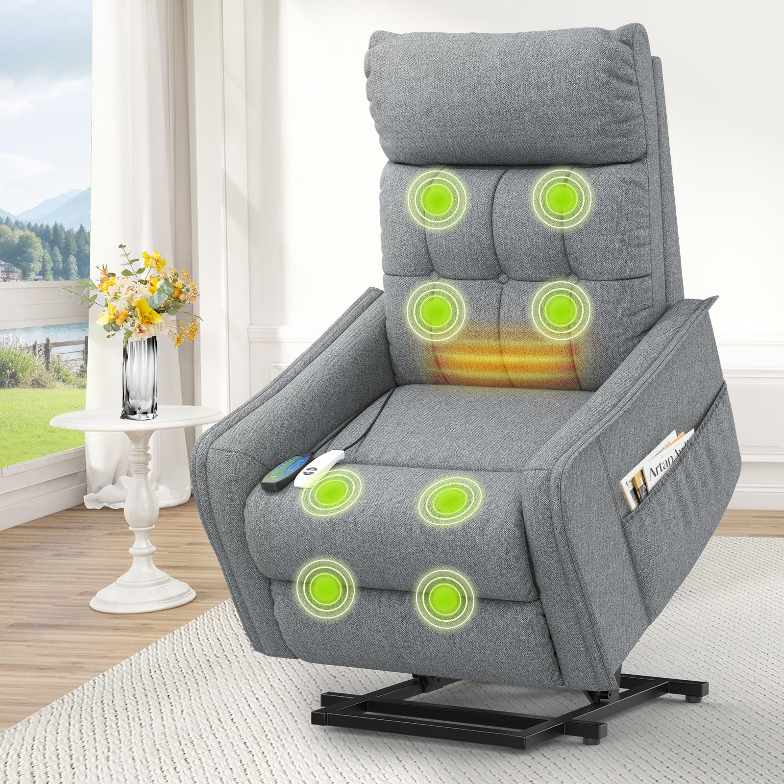 Silla reclinable para Ancianos, elevación eléctrica y sillón reclinable con Masaje y Calor, reposapiés extendido, Silla reclinable con 2 Controles remotos para Sala de Estar
