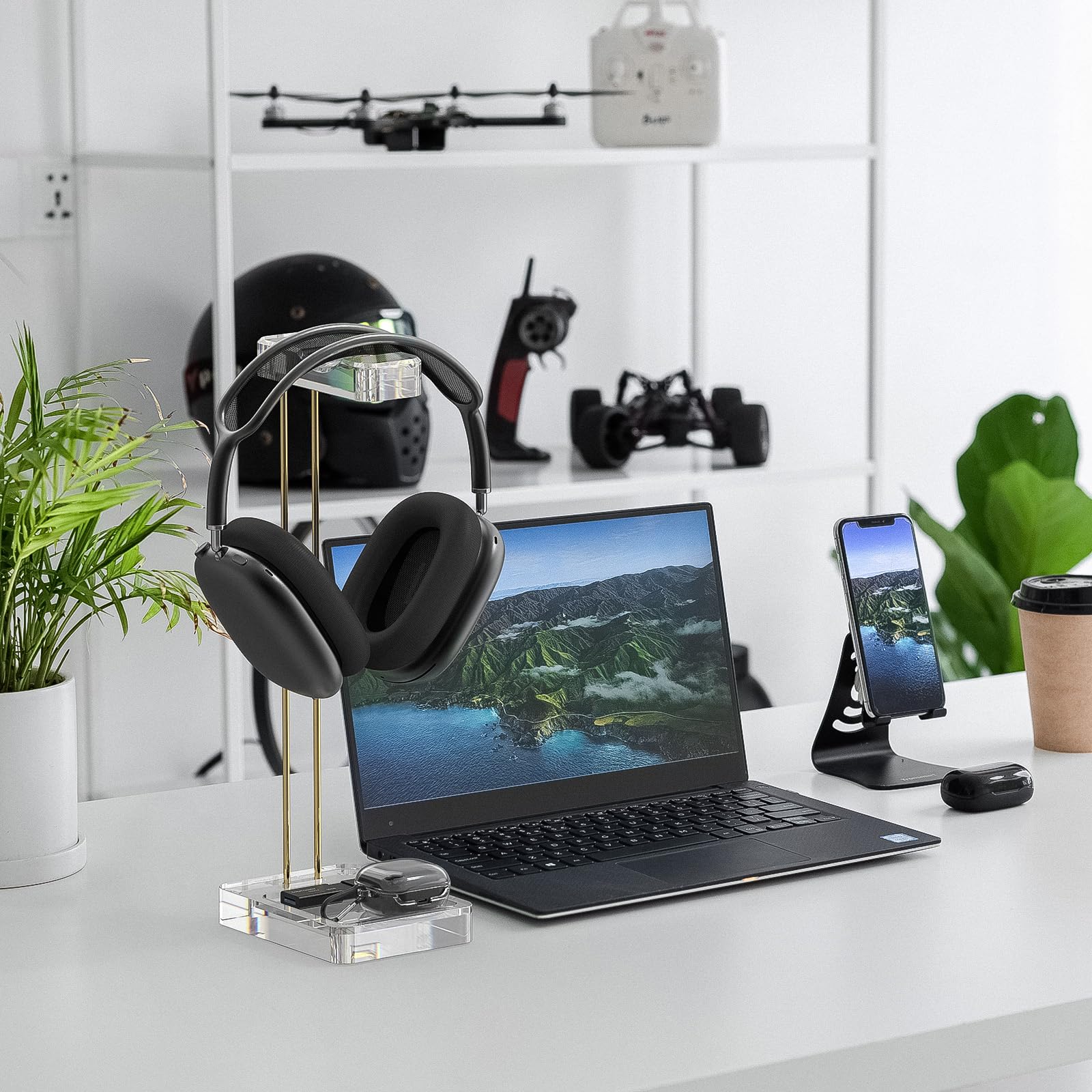 GeekWood Support Casque Bureau En Noyer – Porte Casque Bois & Cuir Éco, Design Gamer & HiFi