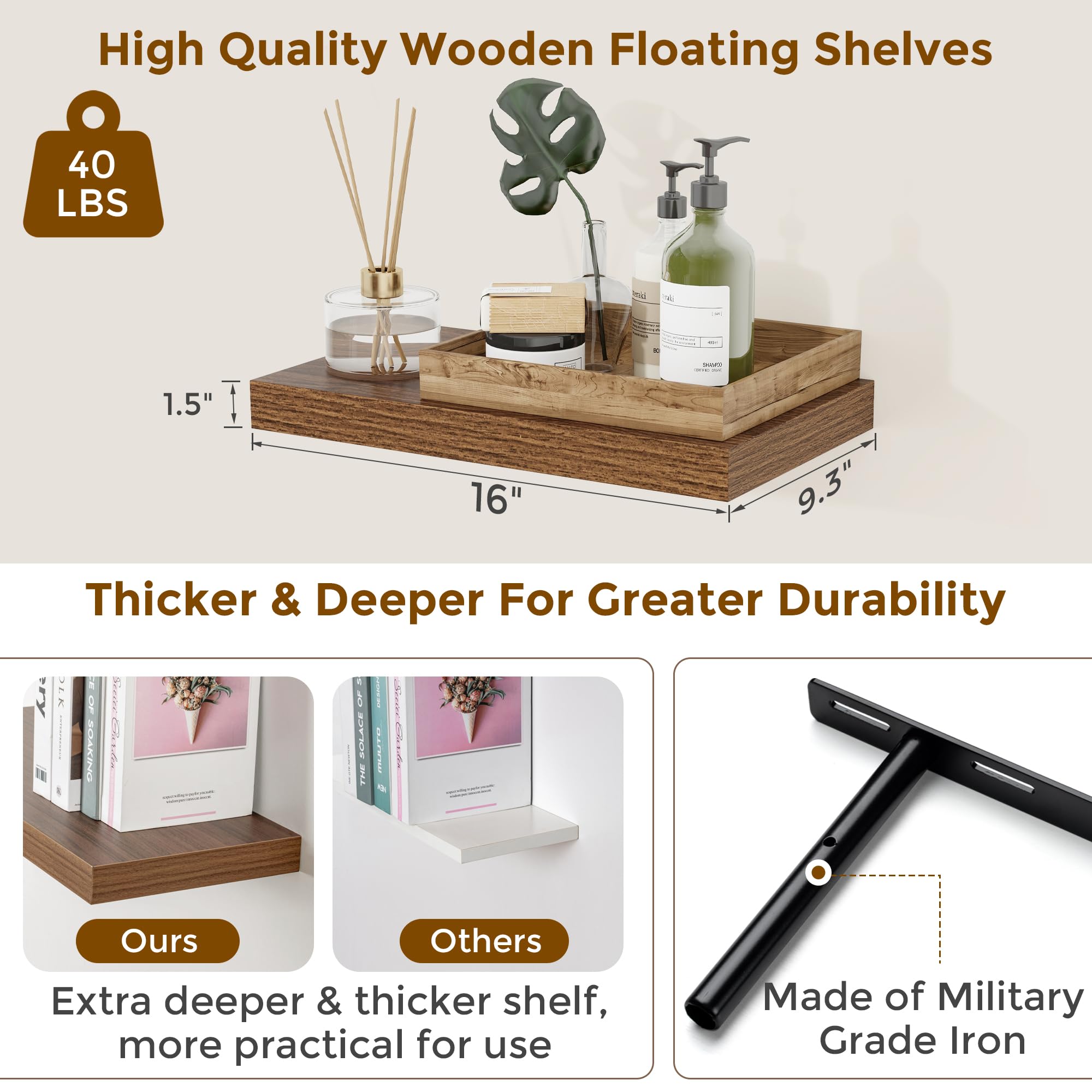 Feihorrm Floating Shelves for Wall 40cm Wooden Floating Shelves Walnut - Image 3