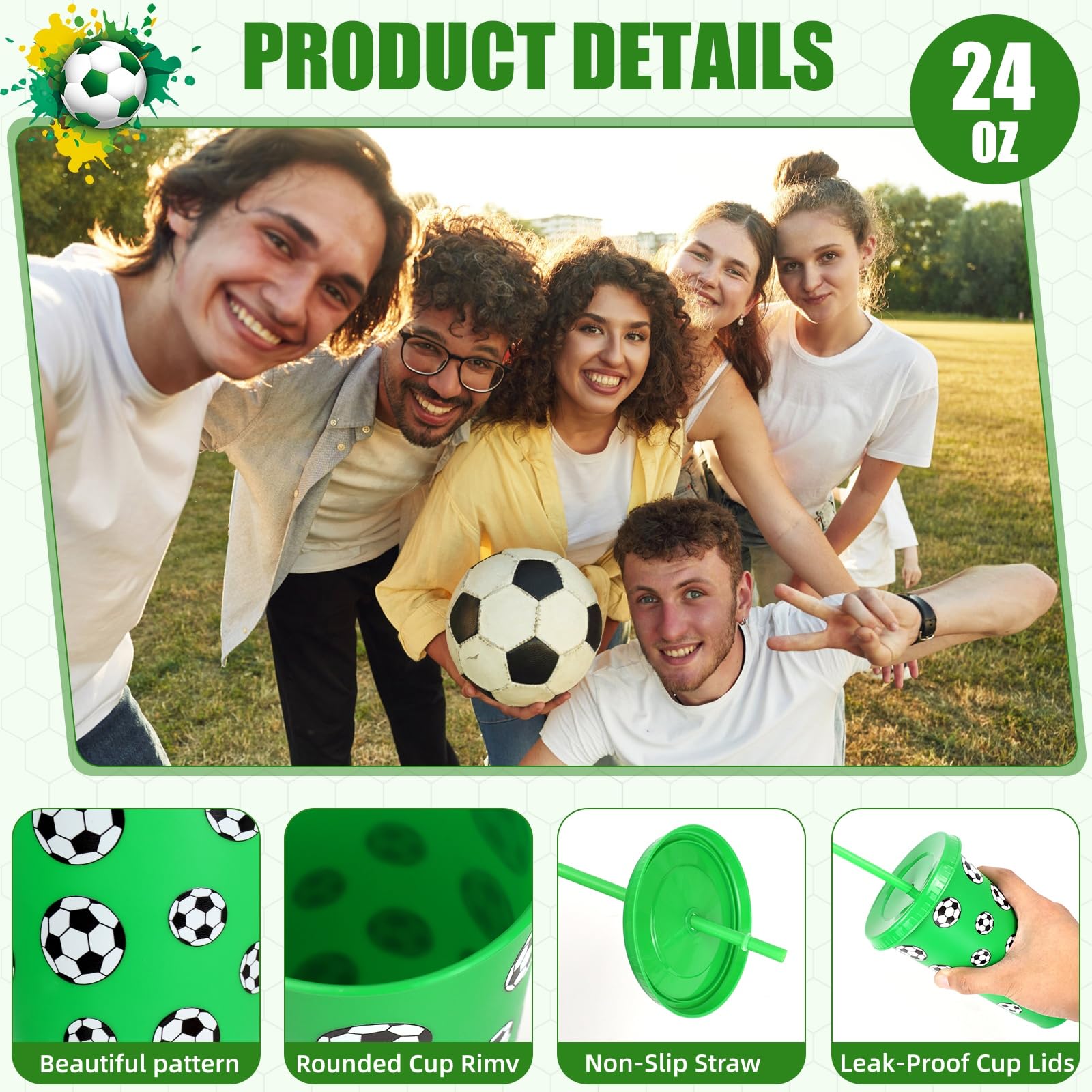 MSYU 20 vasos de plástico de fútbol con tapa y pajita, taza de regalo de Navidad, taza de 710 ml, vasos de plástico reutilizables para amantes del fútbol, hombres y mujeres, suministros de regalo de