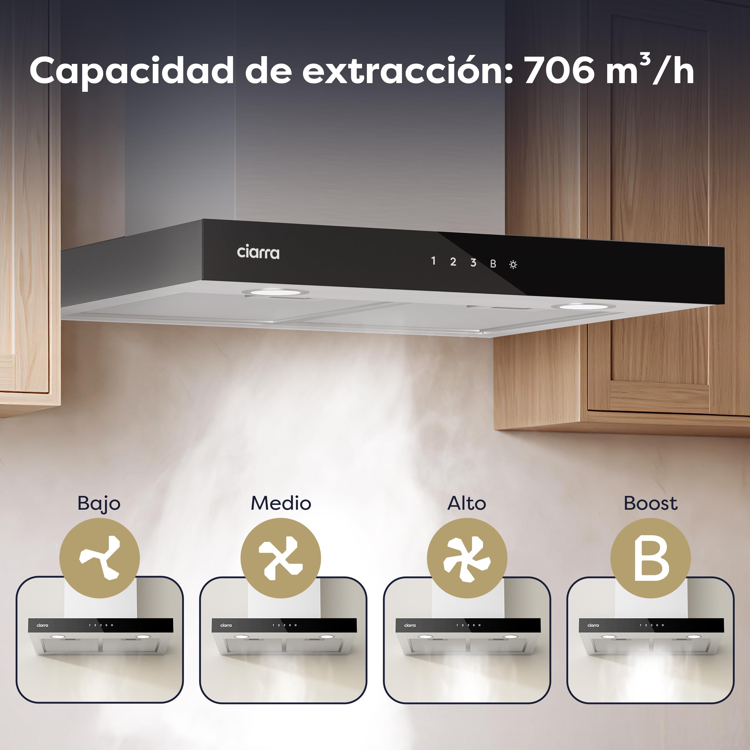 CIARRA CBCS6102 Campana Extractora 60 cm 706 m³/h WiFi Plateada A+++ | 4 Velocidades - Evacuación al Exterior y Recirculación Interna por Filtro de Carbón CBCF003 - Acero Inoxidable