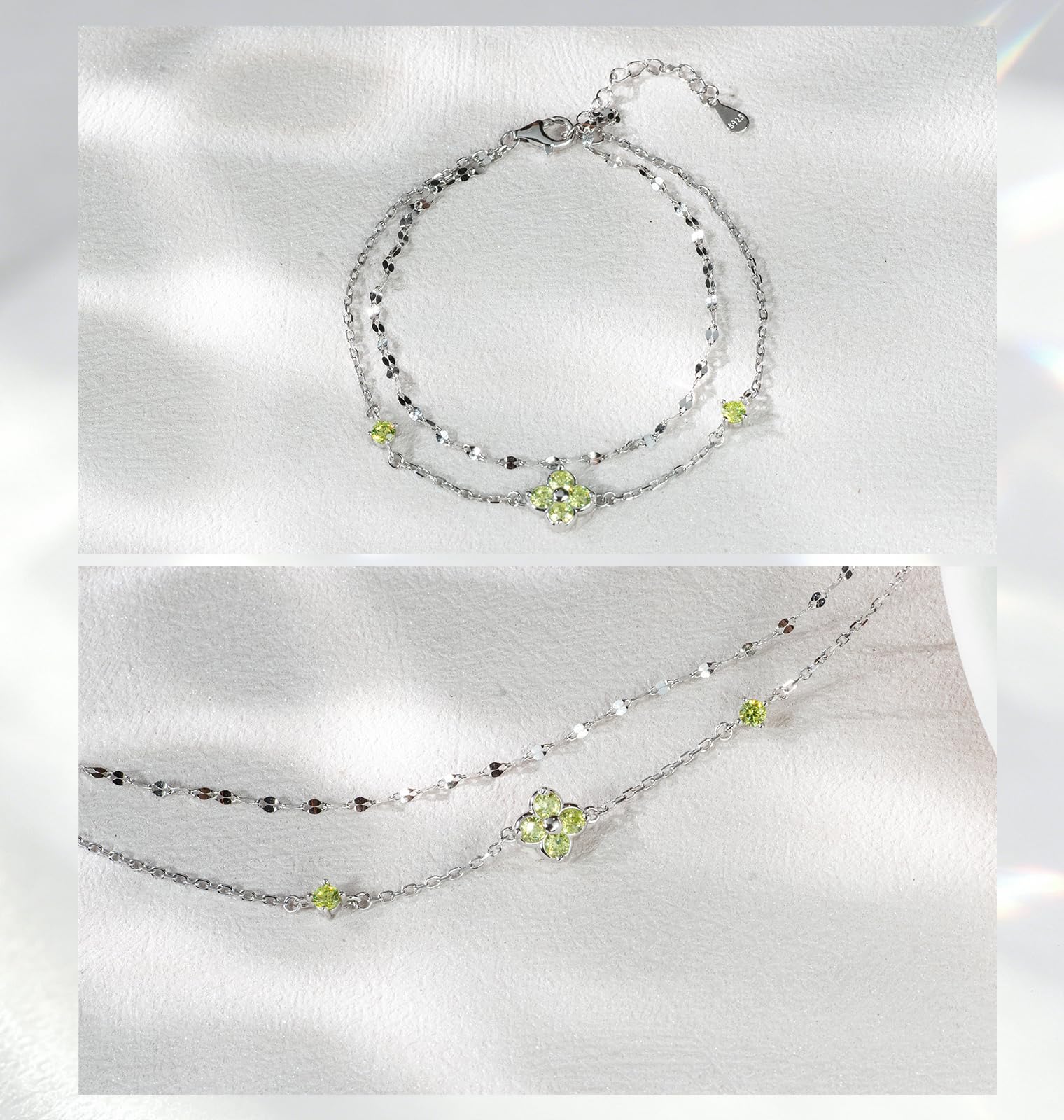 Trebol 4 Hojas Pulsera Plata Mujer 925 con Peridoto Piedra Natal de Agosto 19Cm Ajustable Shimmering Luck Joyas Mujer Amistad Regalo