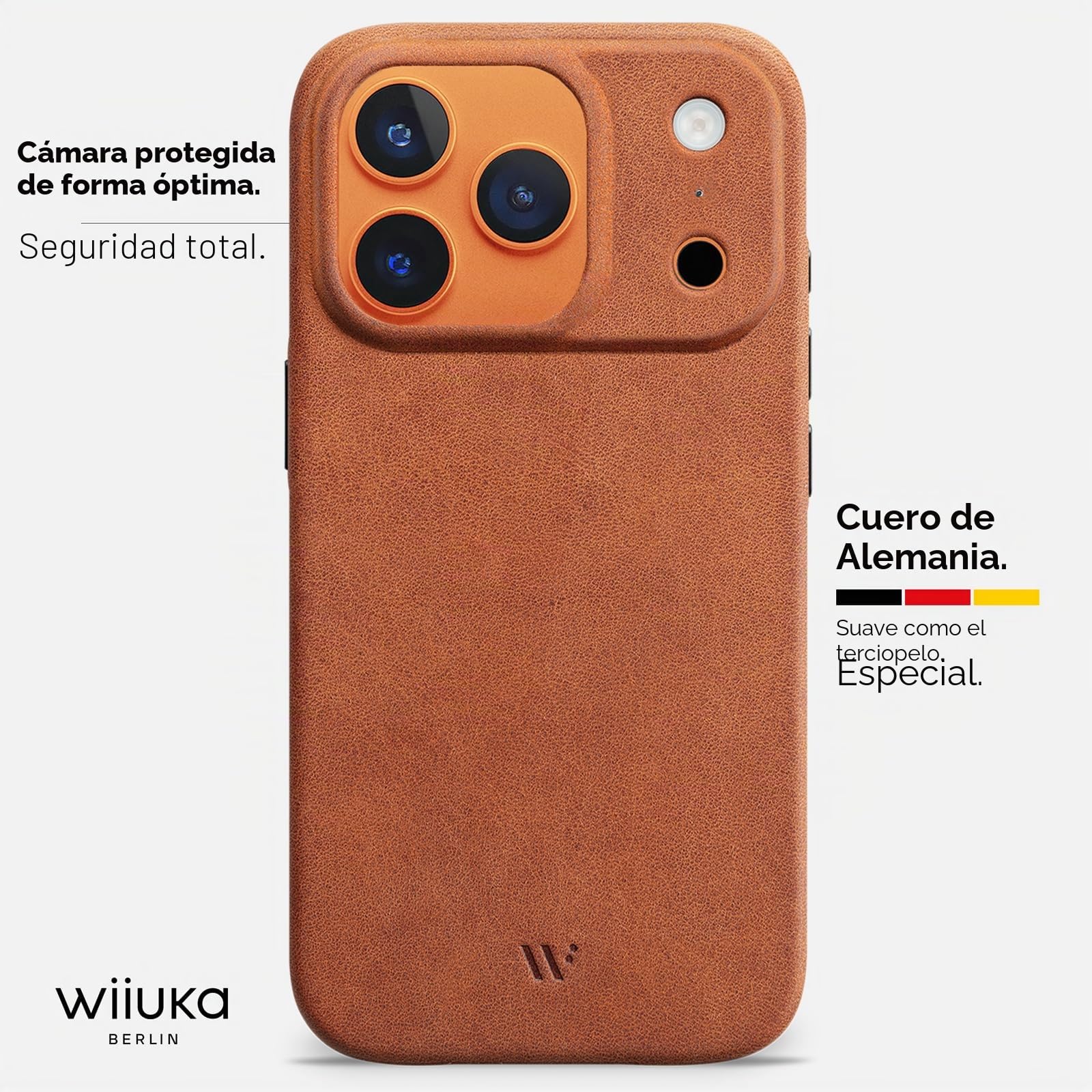 WIIUKA Funda para iPhone 17 Pro, piel de Alemania, funda de piel extrafina, funda premium para teléfono móvil, funda para teléfono móvil, funda qi, skiin more, vintage coñac