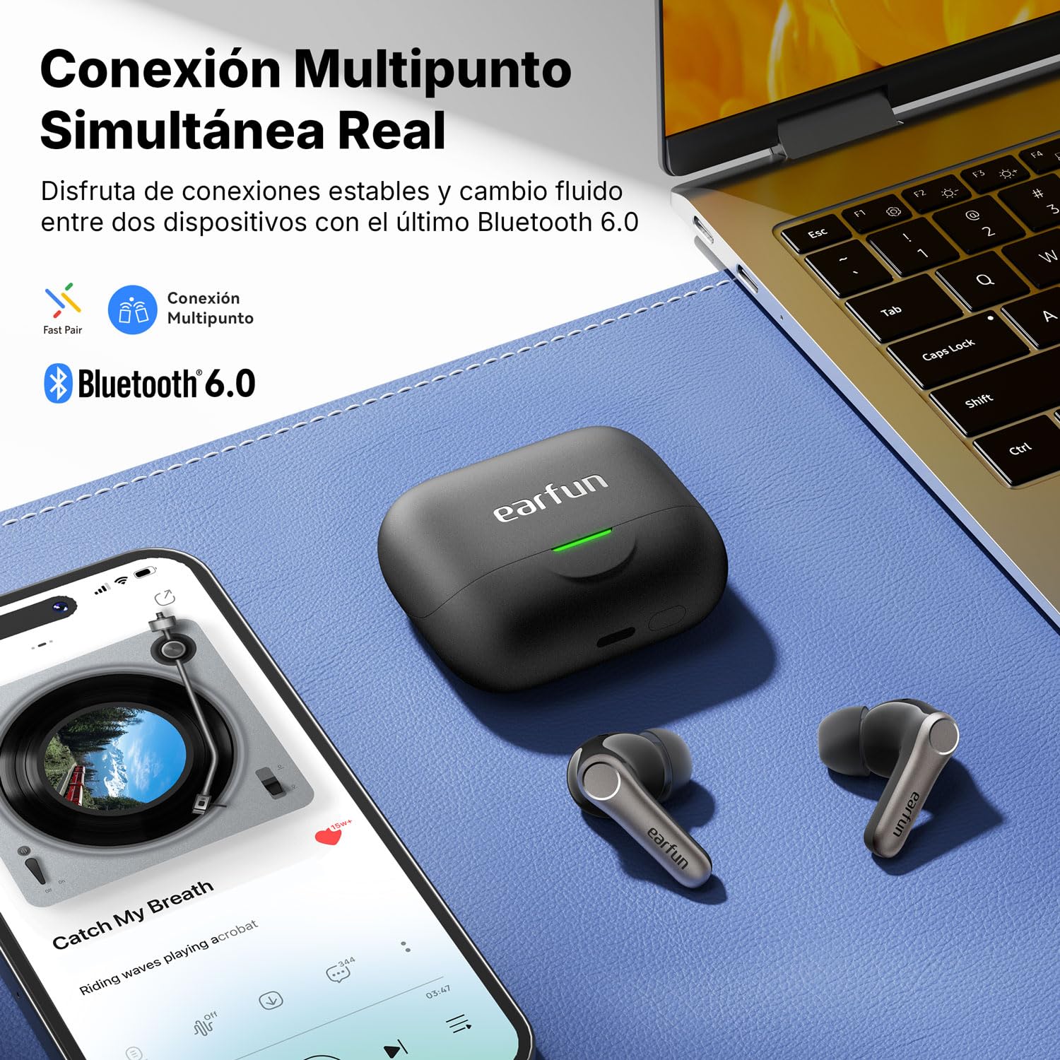 EarFun Air Pro 4+ Auriculares Inalámbricos Bluetooth, Cancelación de Ruido Adaptativa, Doble Controlador, Qualcomm aptX Lossless, 6 Micrófonos, Hi-Res Audio, LDAC, Bluetooth 6.0, 54 Horas, IP55, Negro