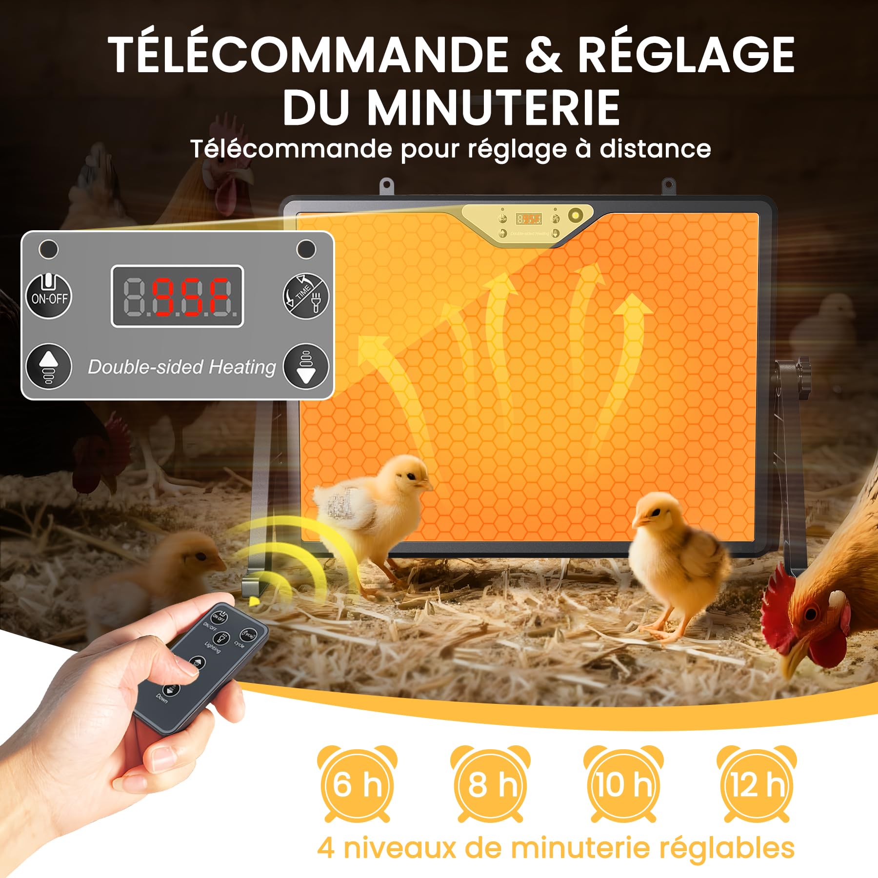 INNOLAND Plaque Chauffante Poussin, 180W Lampe Chauffante Poulailler, Chauffage Poulailler avec Thermostat, 30°C-75°C avec Télécommode, Chauffage pour Poussin Eclairage | Minuteur