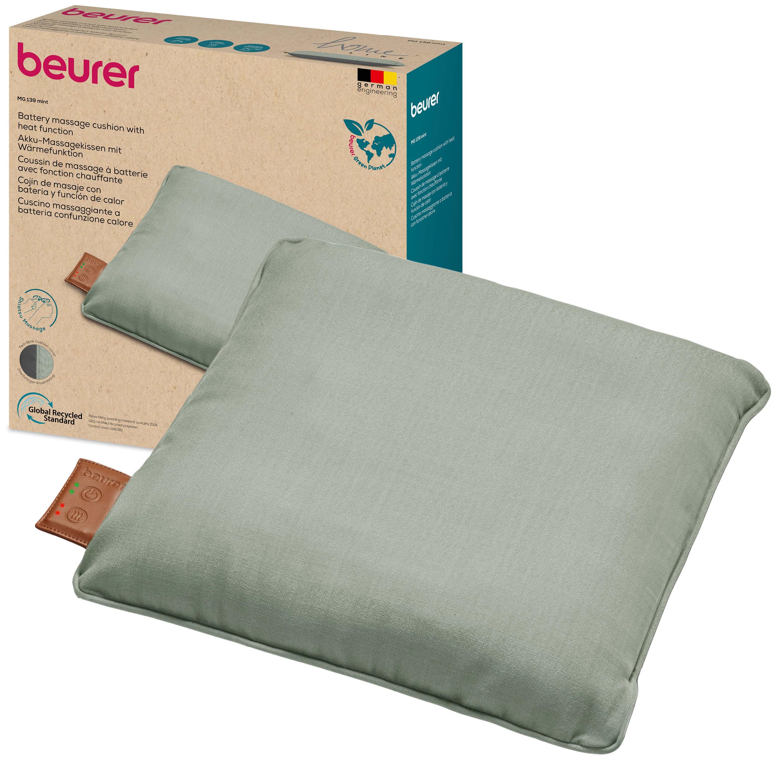 Beurer MG 139 Akku-Massagekissen mit Wärmefunktion, kabelloses Shiatsu-Massagekissen, zuschaltbare Wärme, hergestellt aus recyceltem Material, Maschinenwaschbar, Abschaltautomatik, 40 x 40 cm, Mint