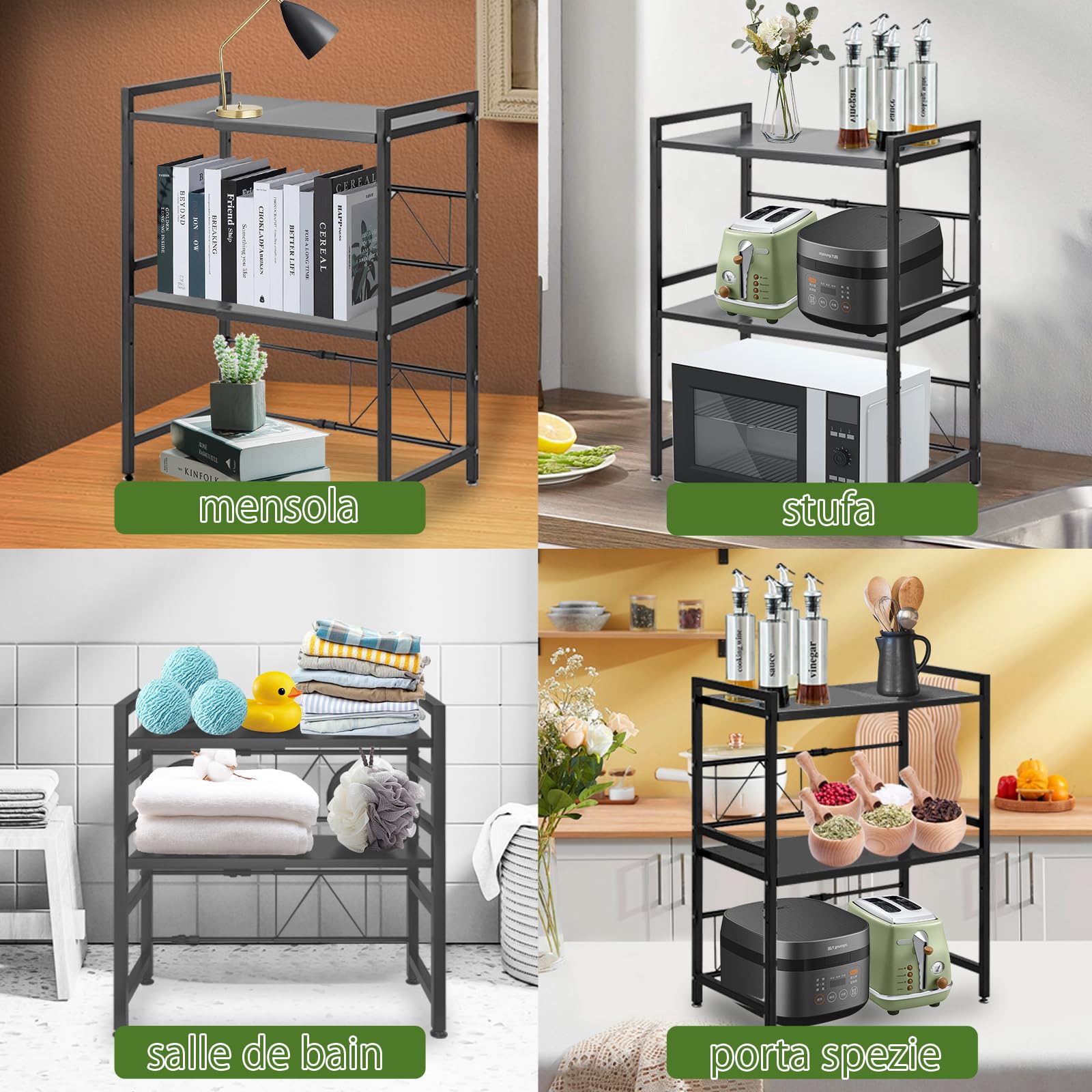 Scaffale a microonde a 2 livelli, larghezza regolabile, supporto per riporre il tostapane, scaffale cucina, allungabile da 40 a 63 cm, capacità di carico 75 kg (nero)