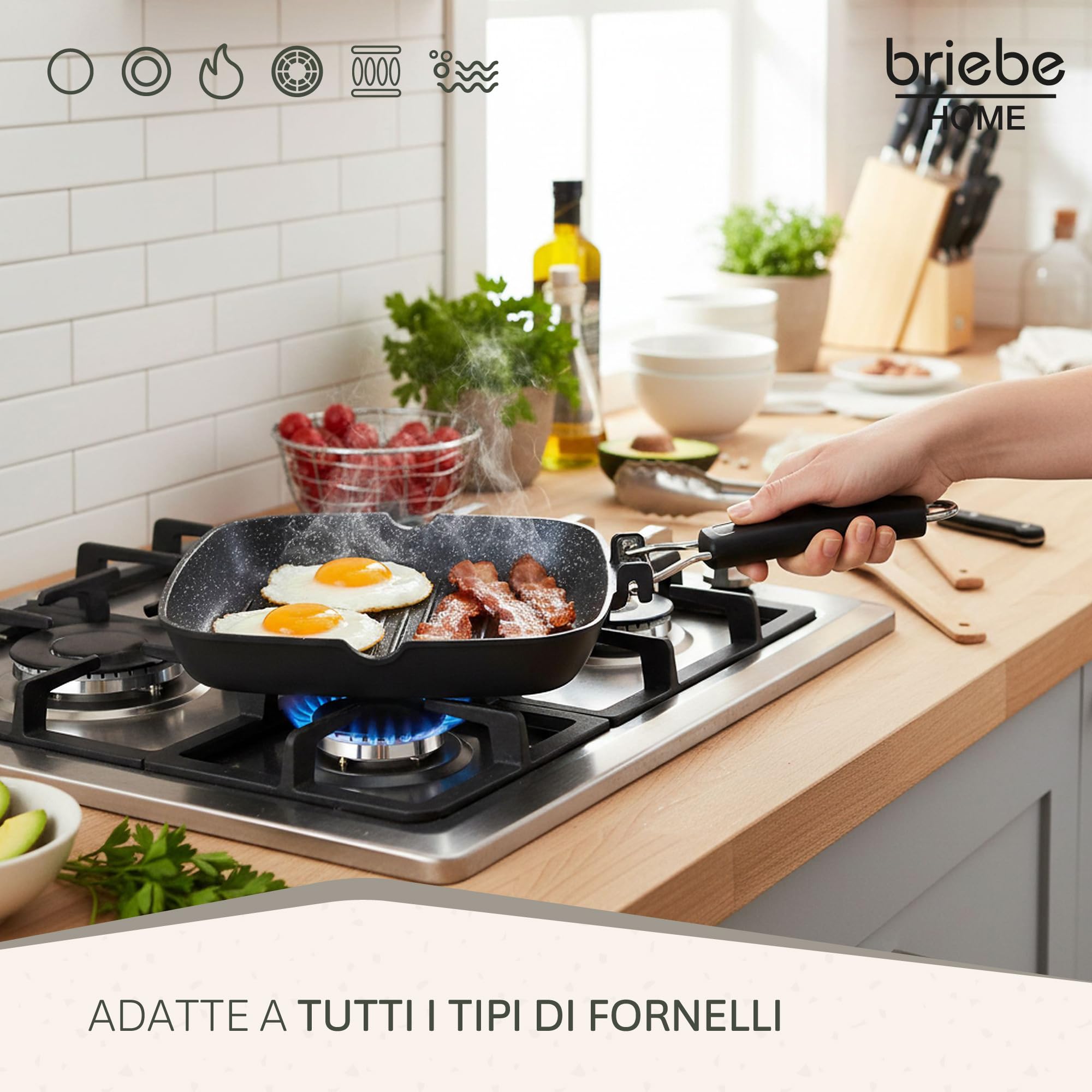 briebe Black Titanium Grill Steakhouse Strisce, Induzione, Antiaderente Titanio, Padella Ferro da stiro, 24 x 24 cm, Alluminio pressofuso senza PFOA, Manico pieghevole, adatto piano cottura, gas