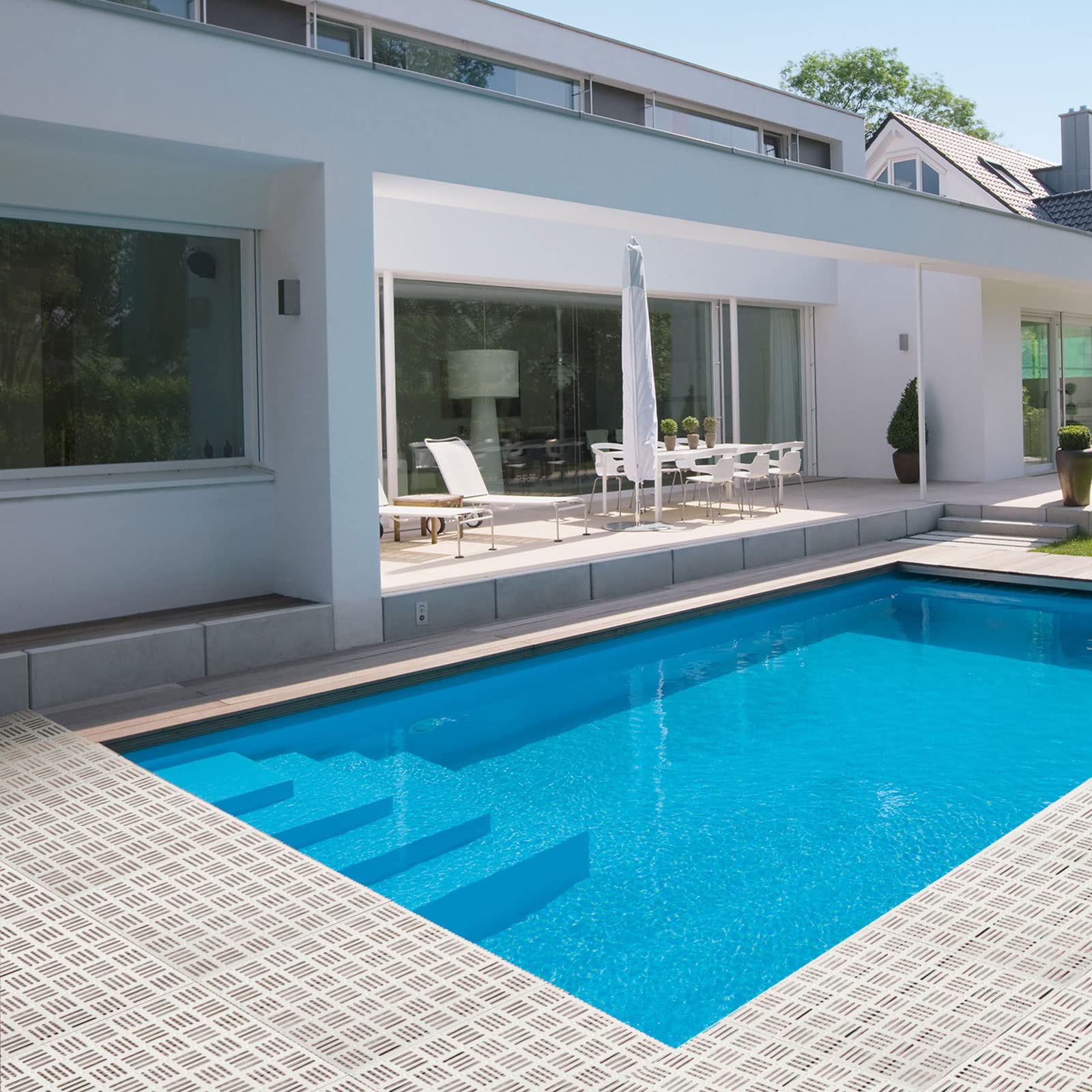 Lot de 12 dalles de sol emboîtables en caoutchouc PVC pour sol, tapis de douche modulaire emboîtables pour baignoire, terrasse, drainage, piscine, terrasse, balcon, niche, blanc 30,5 x 30,5 cm