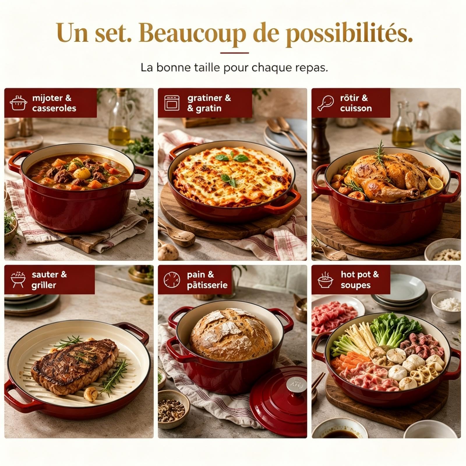 AHJ 4 Casseroles en Fonte Émaillée, Ensemble de cocottes avec poêle à Pain de 4,5 L, rôtissoire de 2,5 L, poêle à Griller de 1,2 L et Couvercle, antiadhésif, va au Four jusqu'à 260°C, Rouge