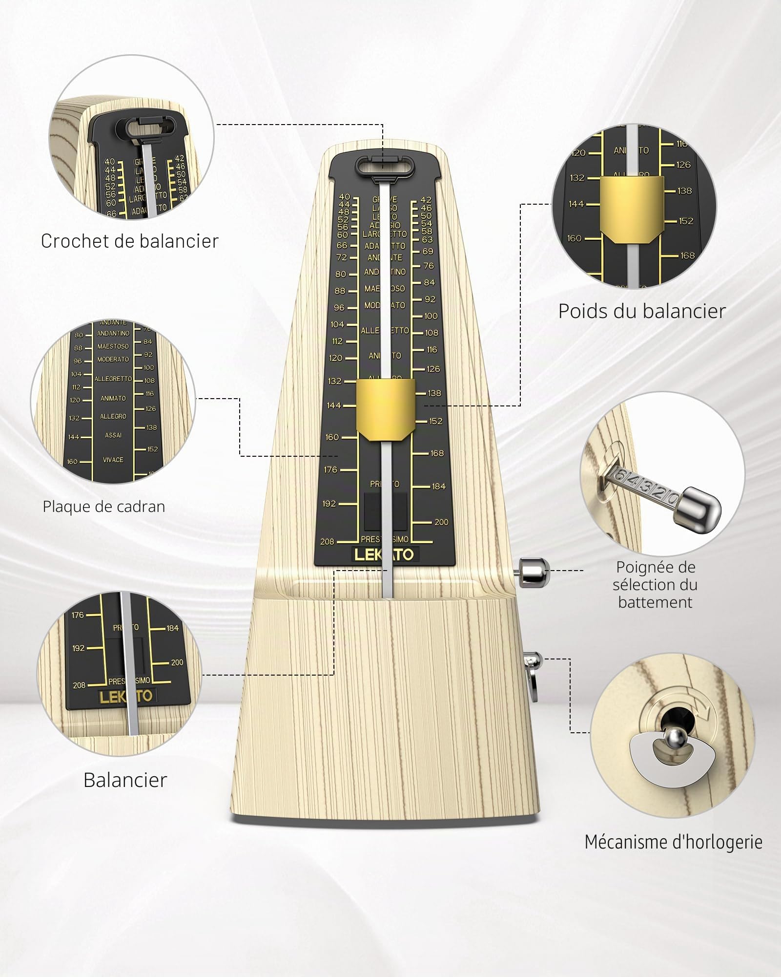 Métronome mécanique avec mouvement en métal, métronome universel LEKATO pour piano, batterie, guitare, ukulélé, violon, saxophone, look classique, facile à utiliser, son fort, pas besoin de piles