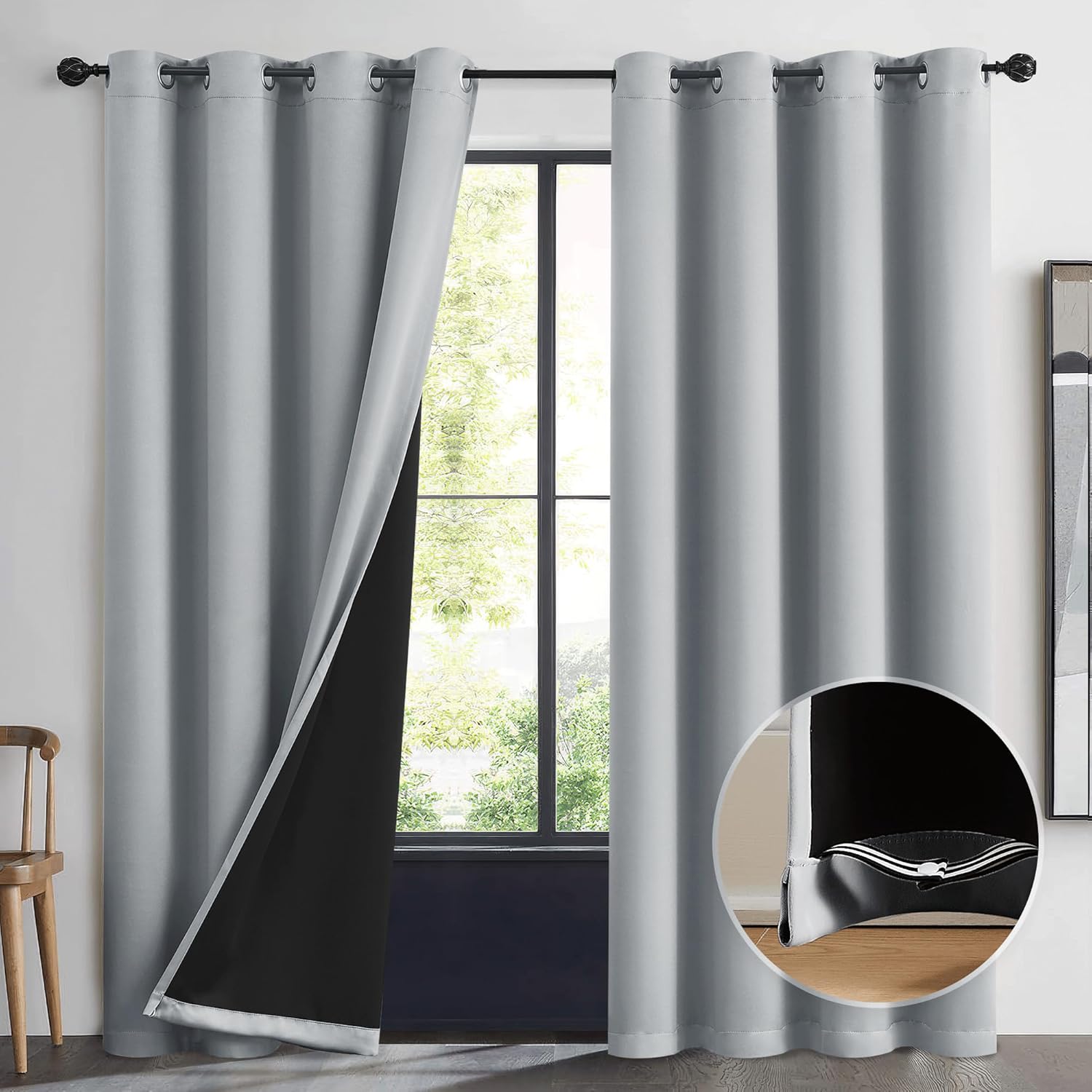 Beauoop Grey 100% Blackout Curtains 96 Inch Long 2 Panels for Bedroom Living Room Solid Room Darkening Thermal Insulated Soundproof Energy Saving Grommet Top Window Treatment Drapes,52x96 2 Set