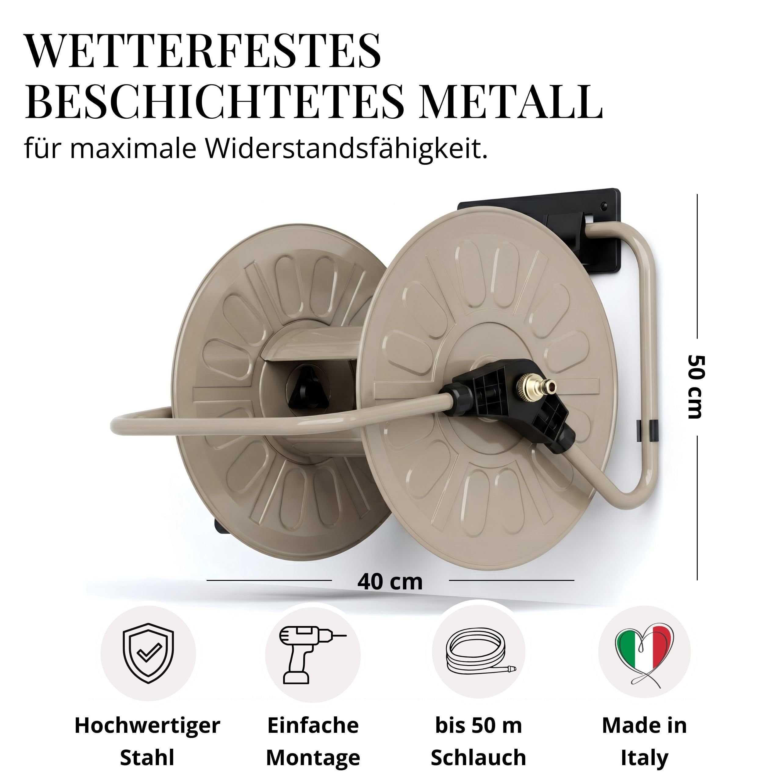 LIVLIG Schlauchtrommel Metall, Schlauchtrommel 50m Gartenschlauch, pulverbeschichtete Gartenschlauch Trommel, Wandmontage & Bodenbetrieb, Made in Italy, Sand