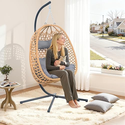 Miniatura 2 de Silla colgante de huevo con soporte y cojines, silla oscilante de ratán para todo tipo de clima para patio, balcón, jardín (diseño bohemio moderno,