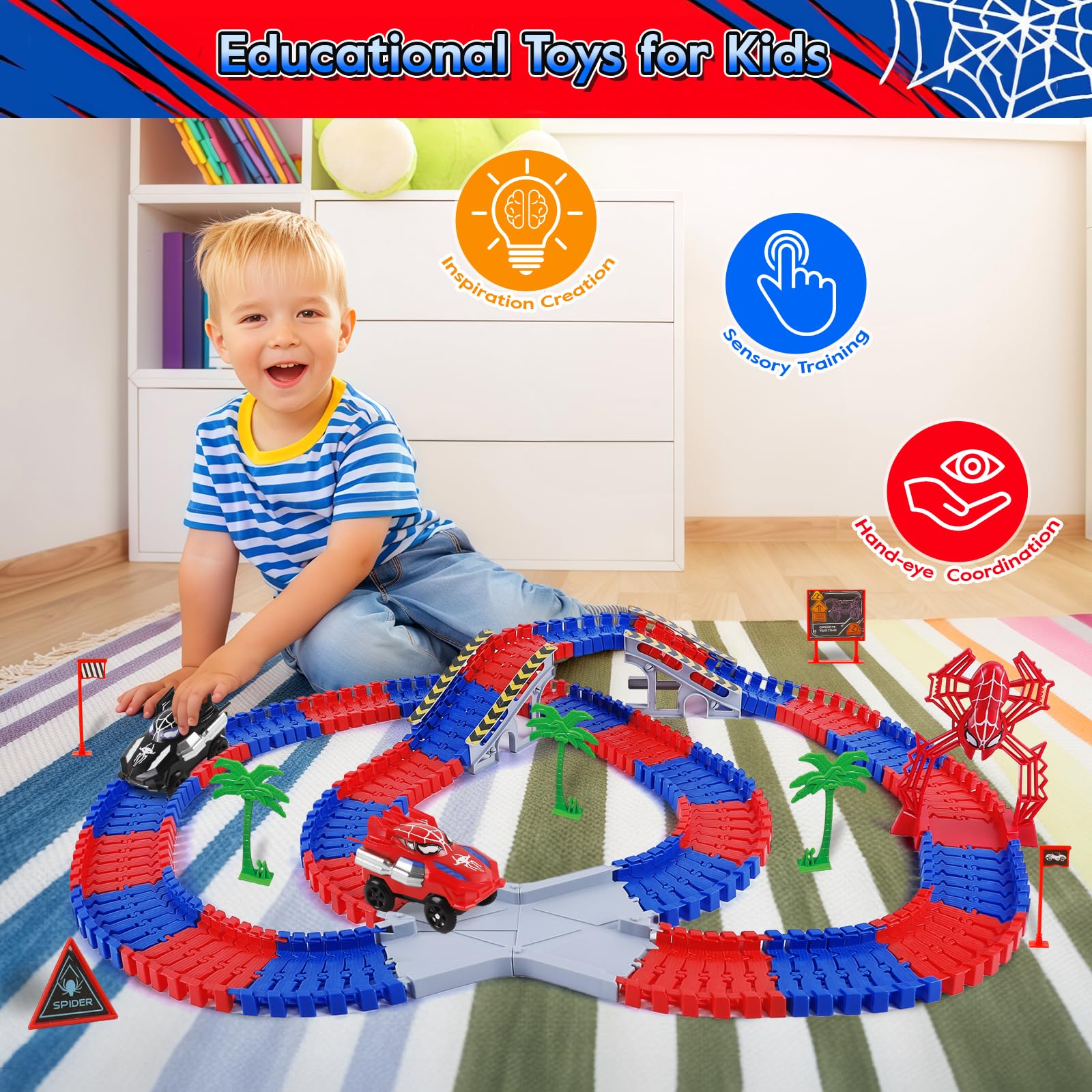 Spider Toys for Boys 4-6, 212 PCS Race Car Track for Kids Ages 4-8, Monster Truck 2+ Year Old Birthday Gift Toddler Cars Toy for 3+ Year Old Boy Girl