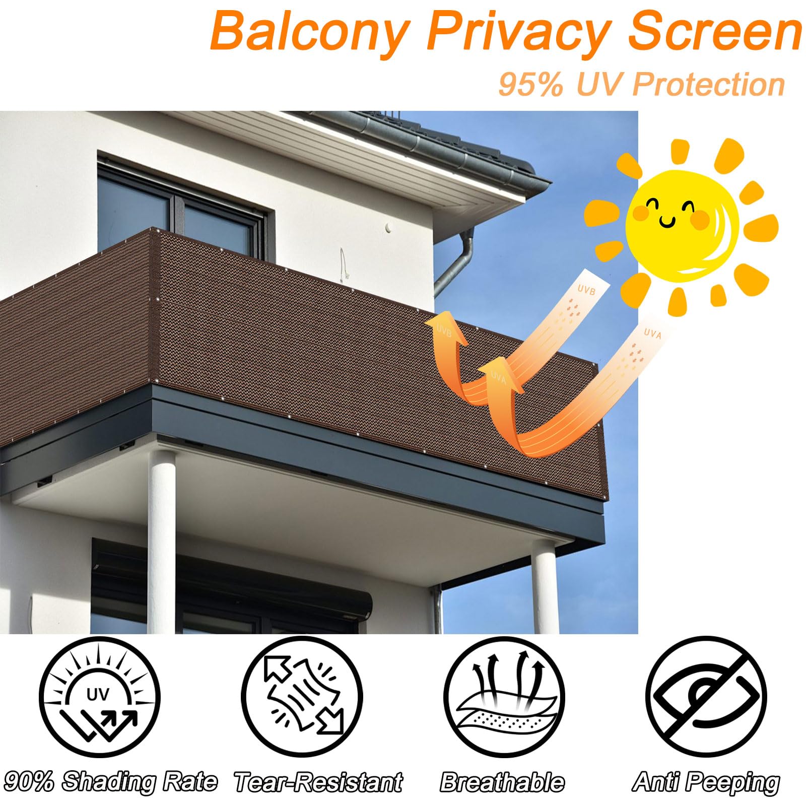 GUOJUN Frangivisto Balcone 95 x 500 cm HDPE Breathable Anti-UV Antivento Frangi-Vista Frangivento con Occhielli Fascetta per Giardino Terrazza Esterno, Marrone