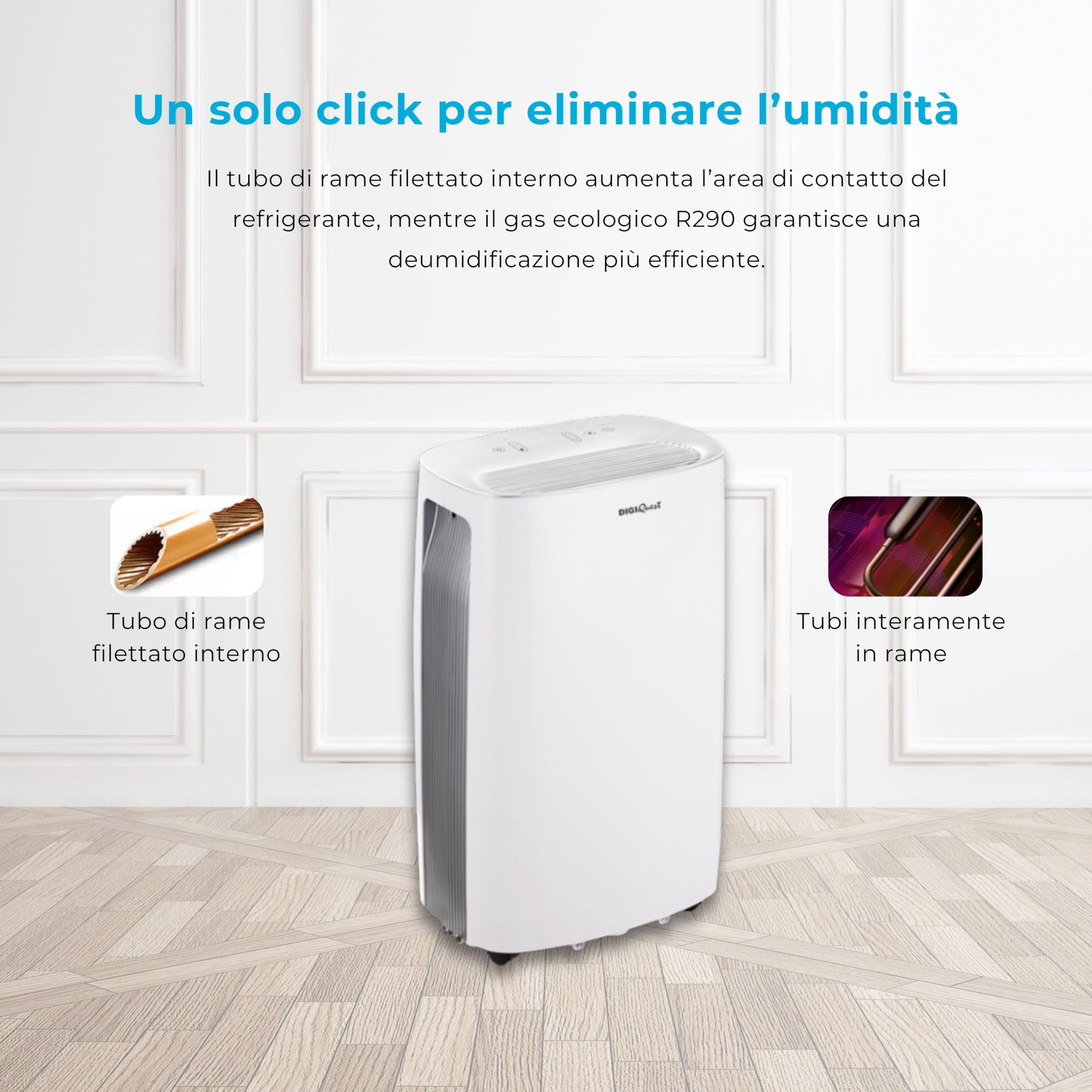 DIGIQUEST Przenośny osuszacz powietrza DEUMì16-16L/24h | Zapobiega pleśni i kondensacji w każdym sezonie | Blokada dla dzieci | Zbiornik 3,7 l | 2 prędkości | 24 h timer | R290 | Ciągły drenaż i koła