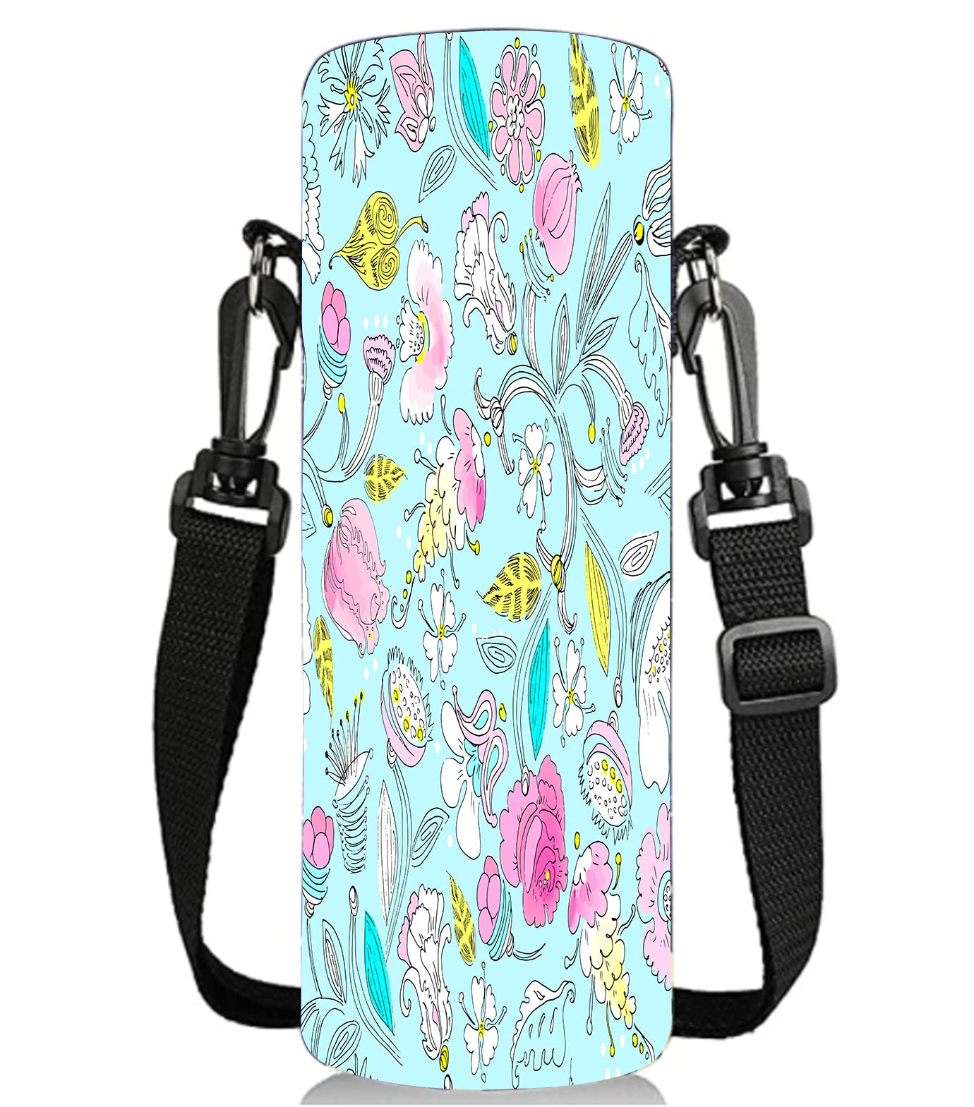 WINTOJOInsulated Water Bottle Sling Case Bag Carrier Holder - 500ML/16.9oz Water Bottle Sleeve Strap Cooler Cover for Men Women Kids Travel School Camping Walking Hiking Running(Blue Flowers)