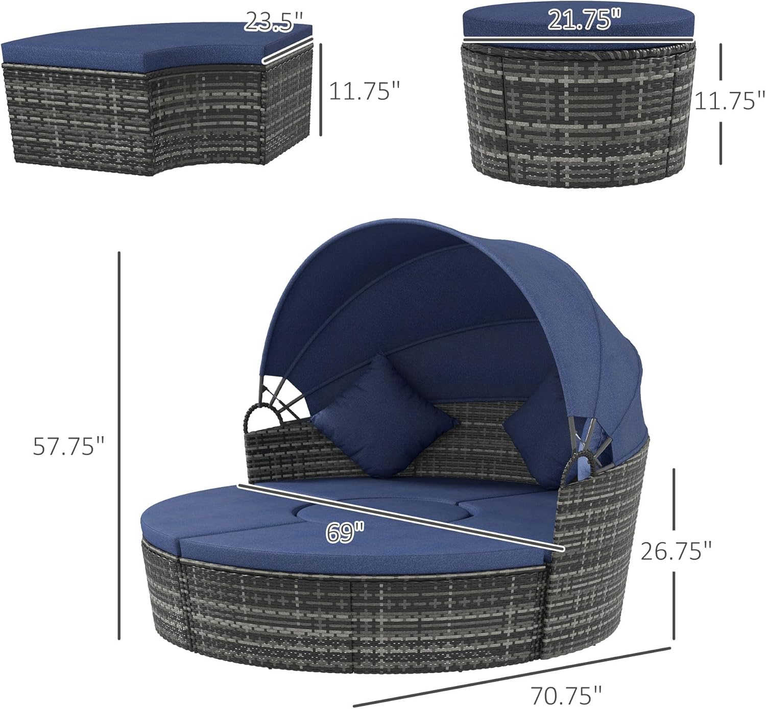 Outsunny 4-Piece Round Convertible Daybed with Cushions, Outdoor PE Rattan Patio Wicker Sofa Set, Sunbed with Adjustable Sun Canopy, Sectional Sofa, 2 Chairs, Table, 3 Pillows, Dark Blue