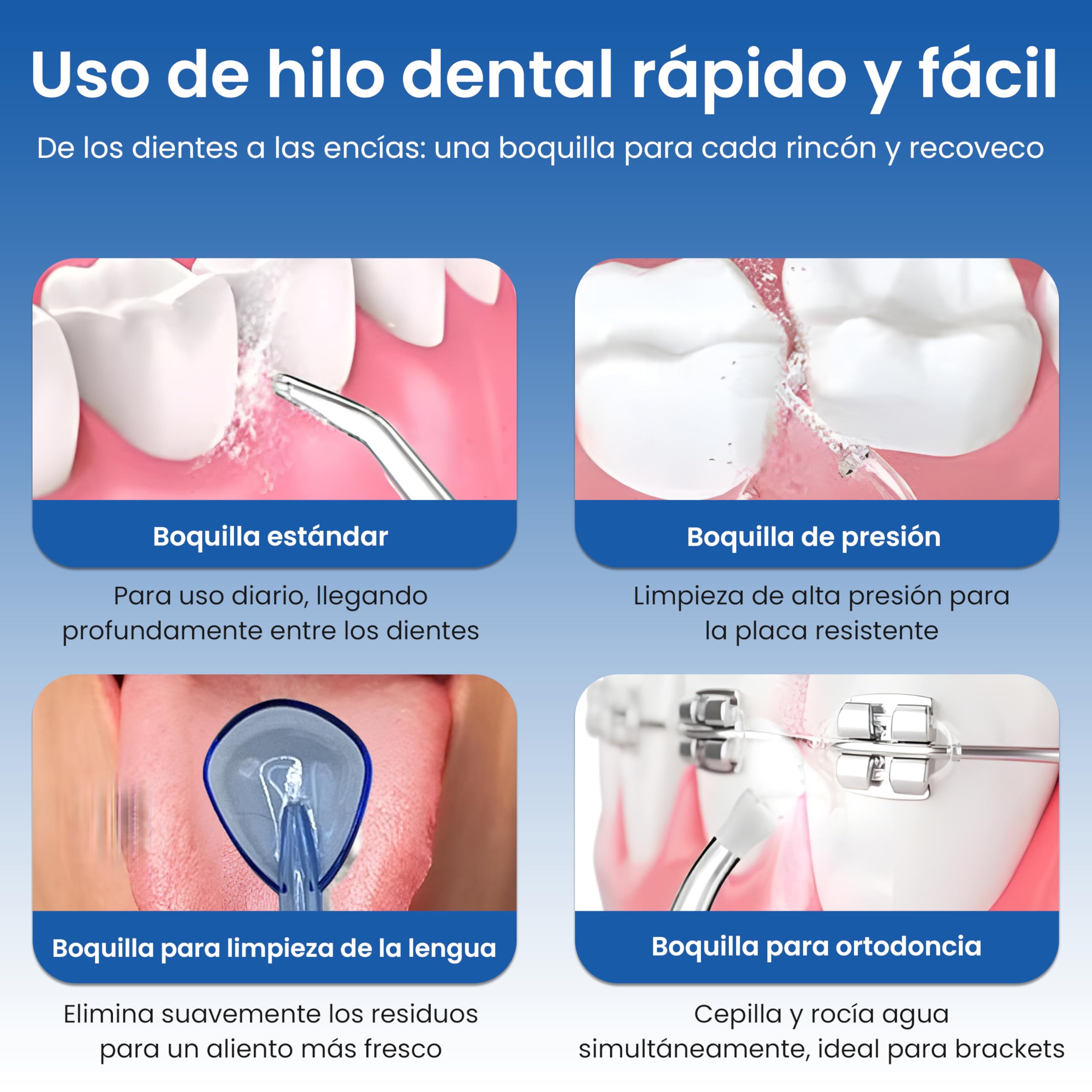 Irrigador bucal portátil con 5 Modos de potencia y 6 boquillas, 1200 Pulsos/min, IPX7, Carga USB-C, Boquilla 360°, Bola Gravitatoria, Limpieza Dental Profunda, Ortodoncia y Encías