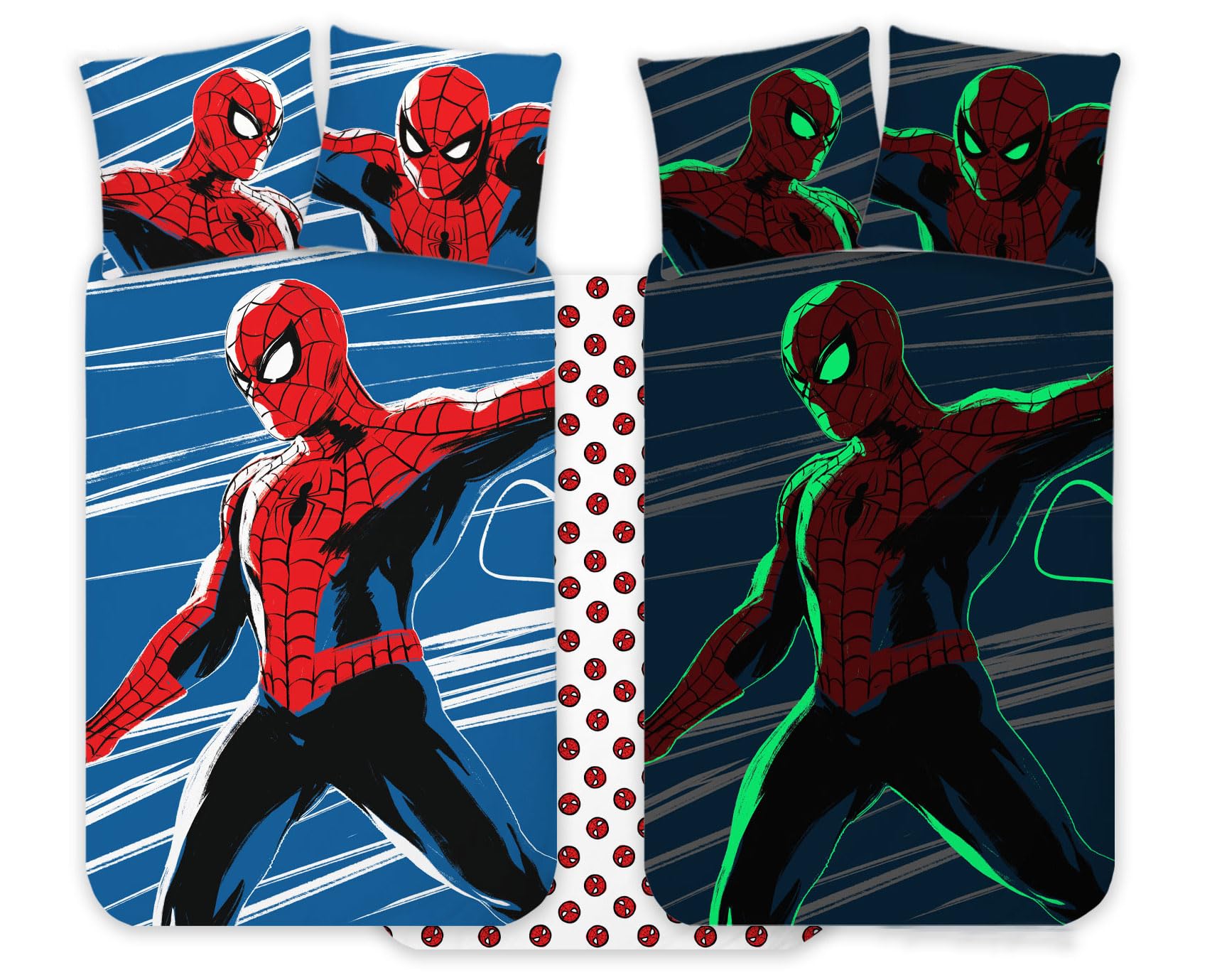 Spiderman - Juego de ropa de cama para cuna de 100 x 135 cm + funda de almohada de 40 x 60 cm, 100 % algodón, juego de ropa de cama para bebé que brilla en la oscuridad, perfecto para niños, ropa de