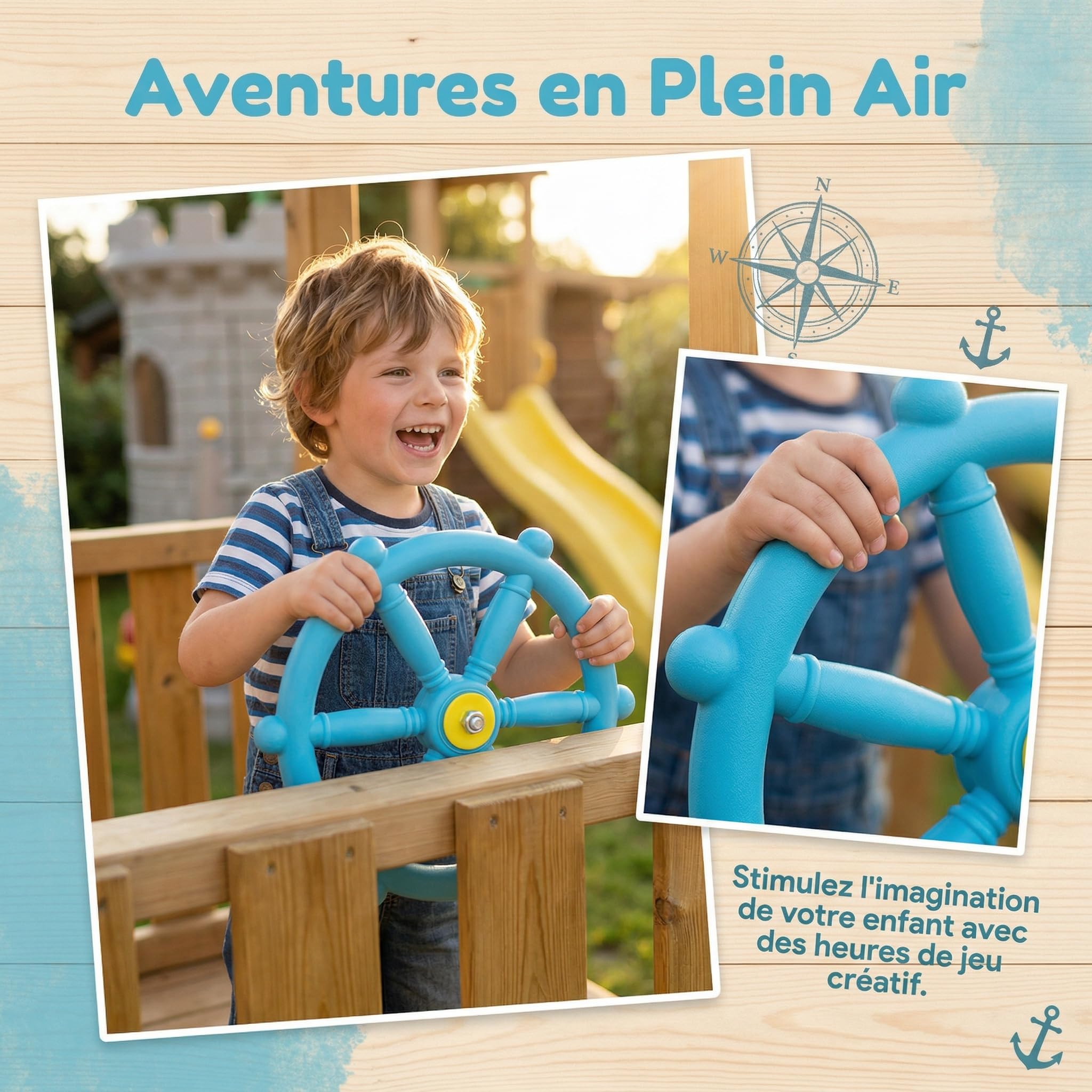 HuadaXtai Volant de Bateau Pirate pour Enfants, Accessoire de Jeu D'extérieur pour Maisonnette, Structure de Jeux et Aire de Jeux. Surface Lisse et Facile à, Bleu