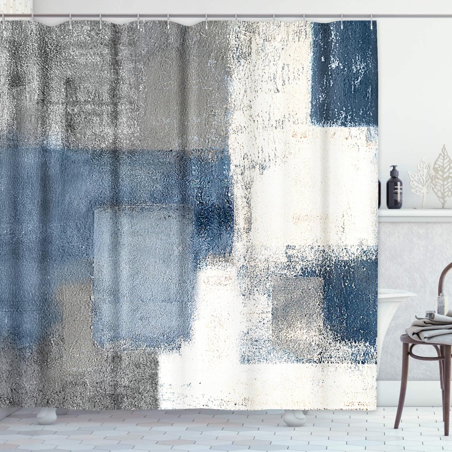 Rideau de douche gris au design peinture abstraite moderne, textile haute qualité 183 cm